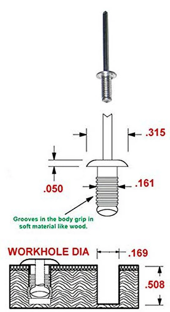 DIAMETER ALUMINUM GROVE RIVET FOR RIVETING METAL TO WOOD.161-.508 GRIP RANGE (PACK OF 50 PIECES)