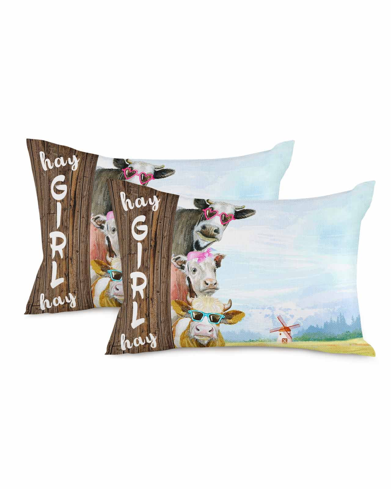 Funny Cow Farmhouse 12x20 Pillow Covers Set of 2, Hay Girl Hay Cattle Decorations Outdoor Throw Pillow Covers, Cotton Linen Square Pillowcases for Patio Sofa Couch Bedroom Decorative