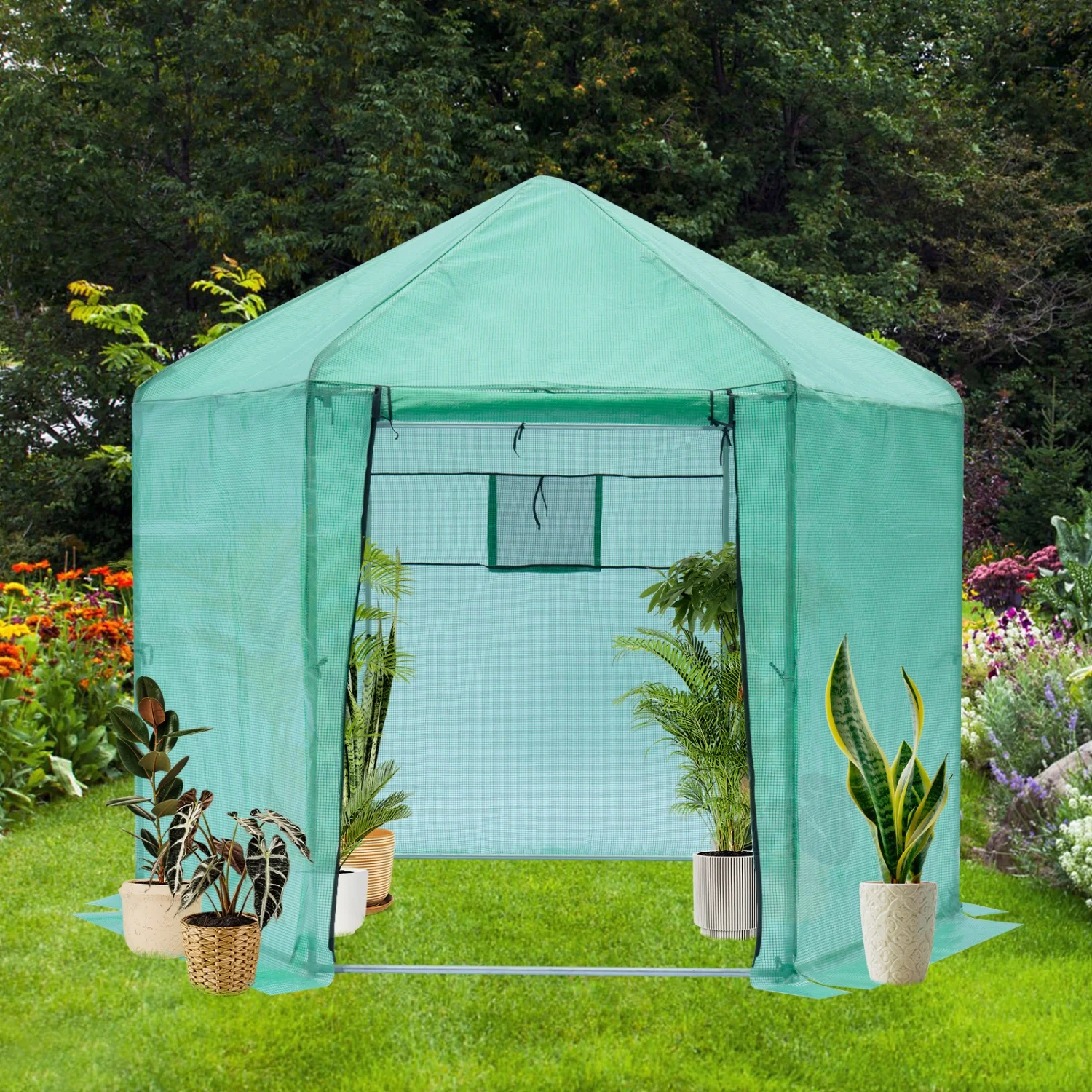 TJCGDTY Walk-in Greenhouse Hexagonal Upgrade Reinforced Frame Heavy Duty Plastic Greenhouse Reinforced Thickened Waterproof Insulation(9.2*8.1 ft)