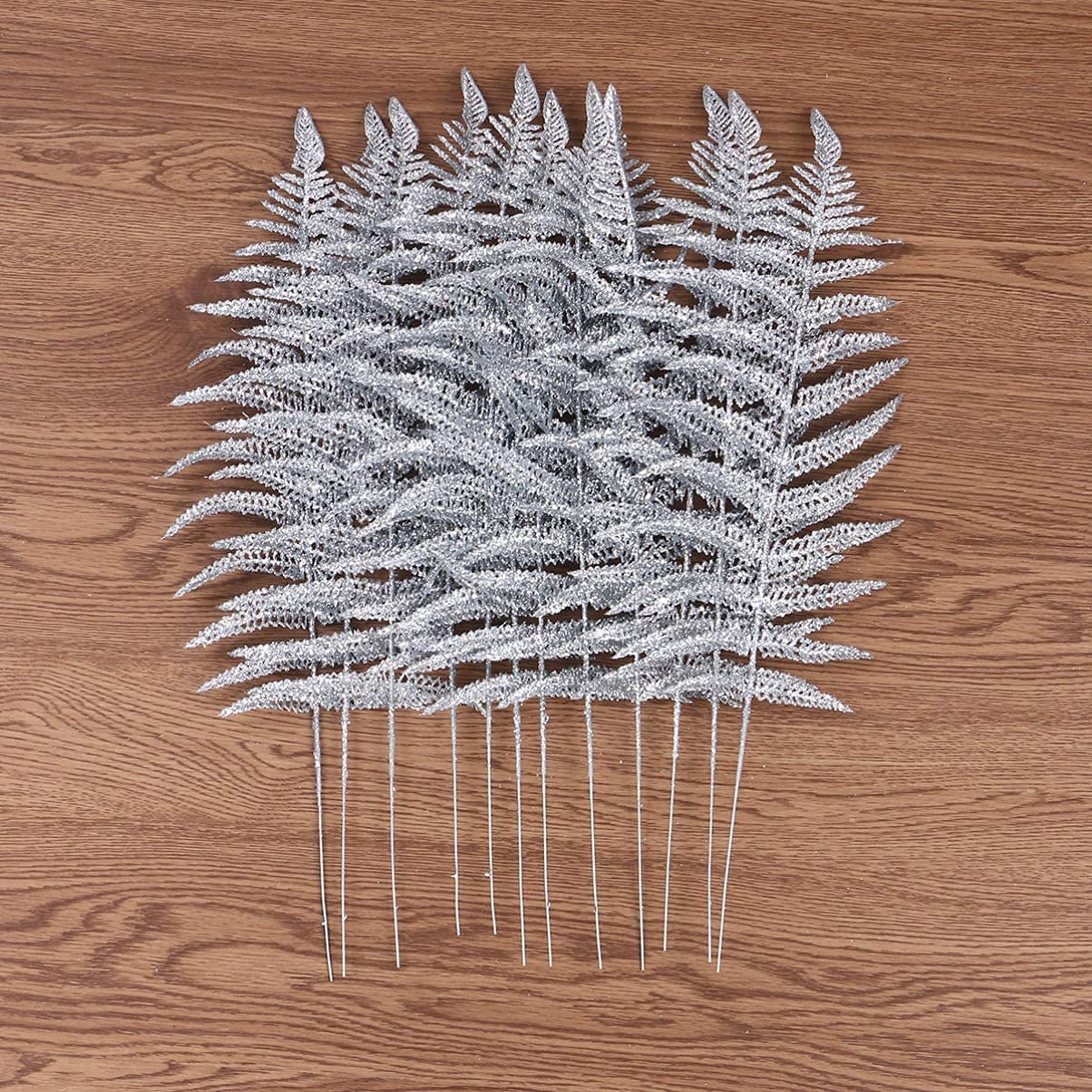 Namzi -a Decorative Glitter Hollow Leaf, 10pcs Artificial Fern Plant Persian Stem Leaves Christmas Spray Ornament for Holiday Party Xmas Tree Decor （Sliver）