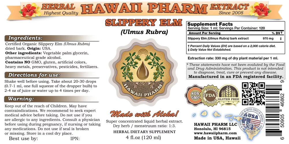 Slippery Elm (Ulmus rubra) Tincture, Organic Dried Bark Liquid Extract, Chi Yu, Herbal Supplement 2 oz