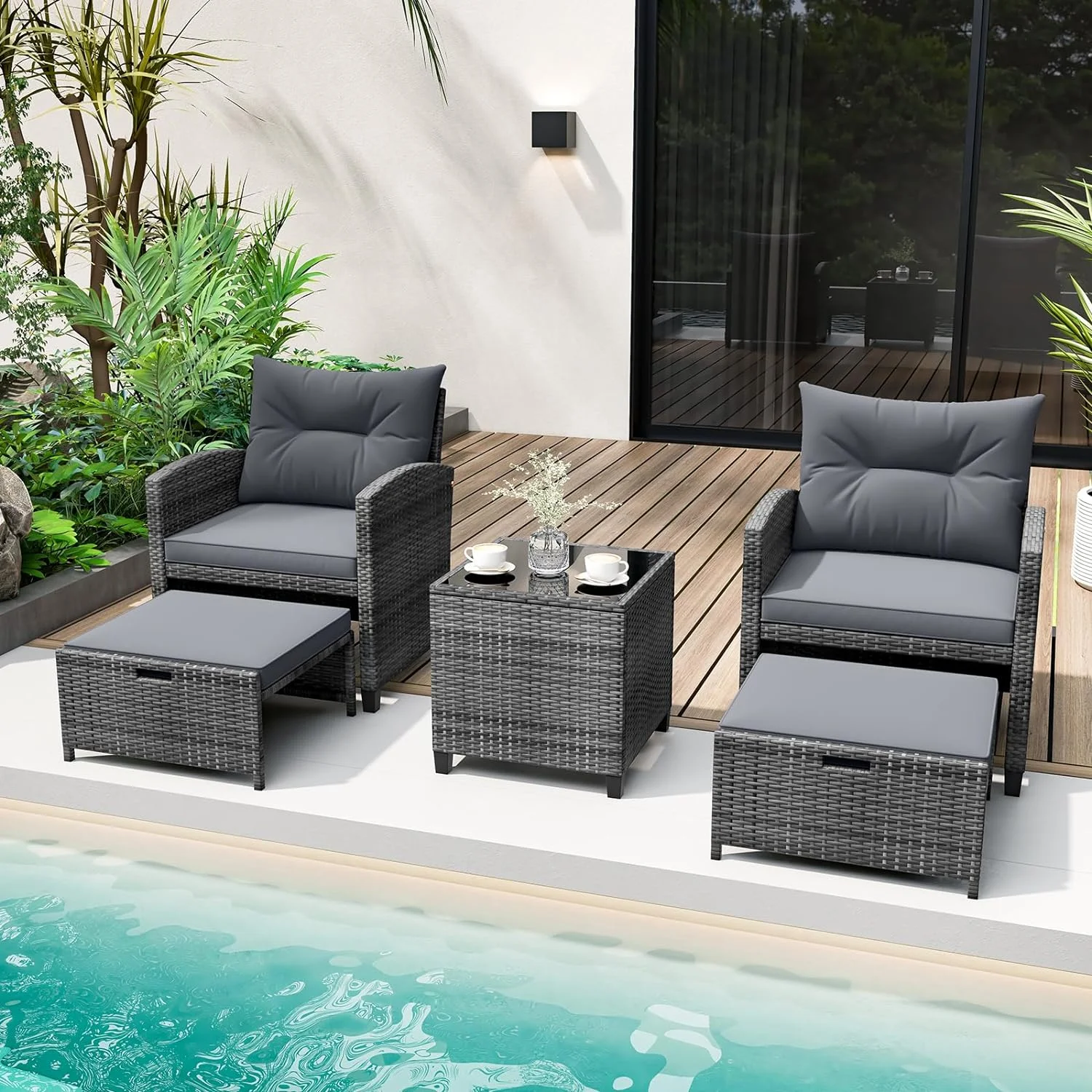 Dina 5 Pieces Patio Furniture Set with Ottoman  Wicker Conversation Set w/Cushions  Glass Coffee Table  Outdoor Lounger Rattan Chairs Bistro Set for Porch Balcony Garden Deck Poolside (Bl