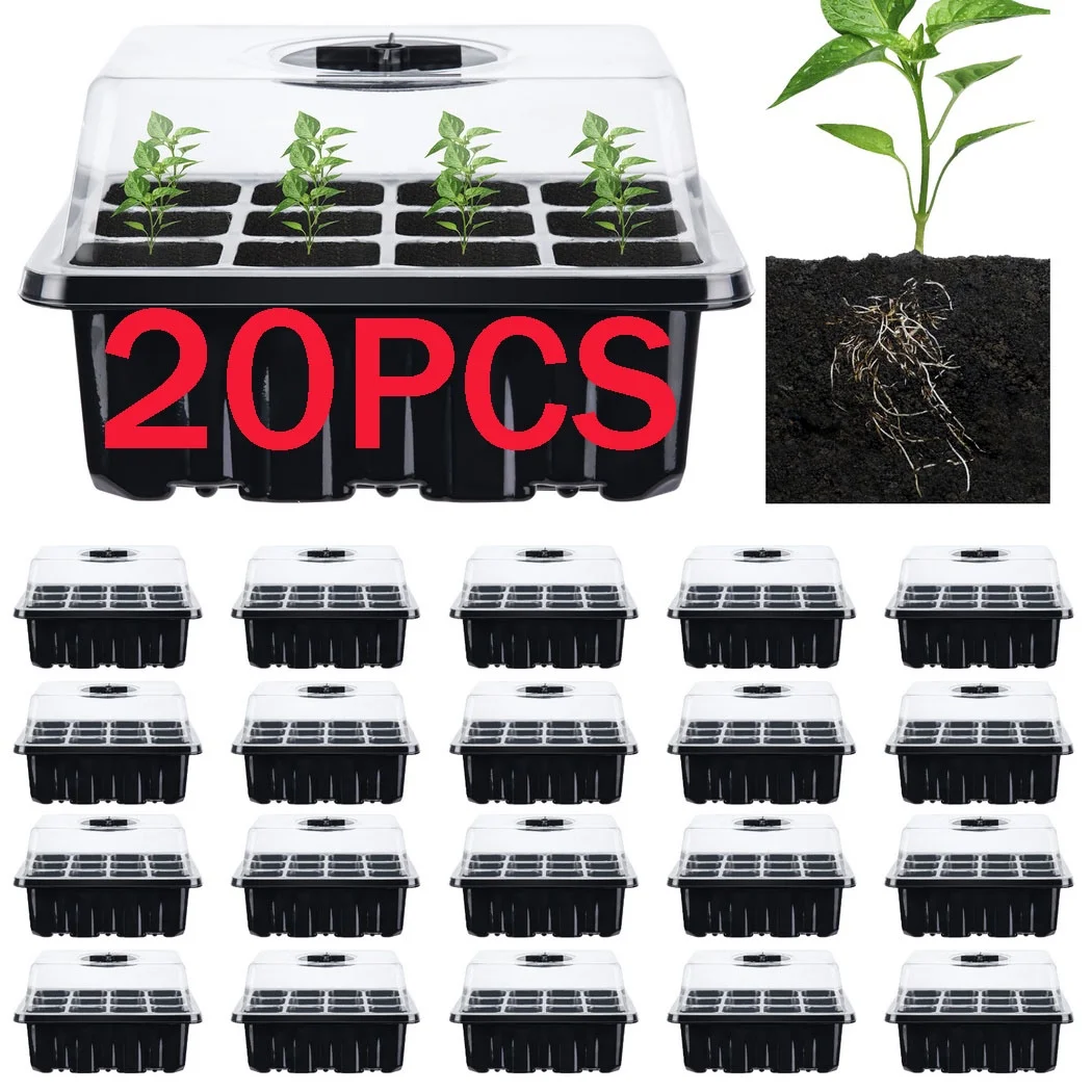 Seed Starter Trays, 20Pcs Seed Starter Kit, Reusable Seedling Starter Trays with Humidity Domes and Drain Holes, 240 Cells Plant Growing Propagation Trays Seed Starting Trays for Greenhouse Garden