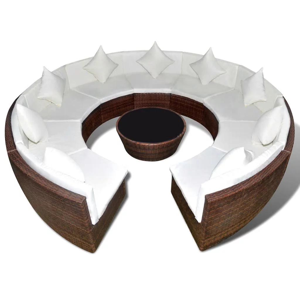 Anself Sofa Set Round Garden, Patio Coffee Table and Sectional Sofa Weather-Resistant & Waterproof & Removable/Washable Covers Poly Rattan Brown