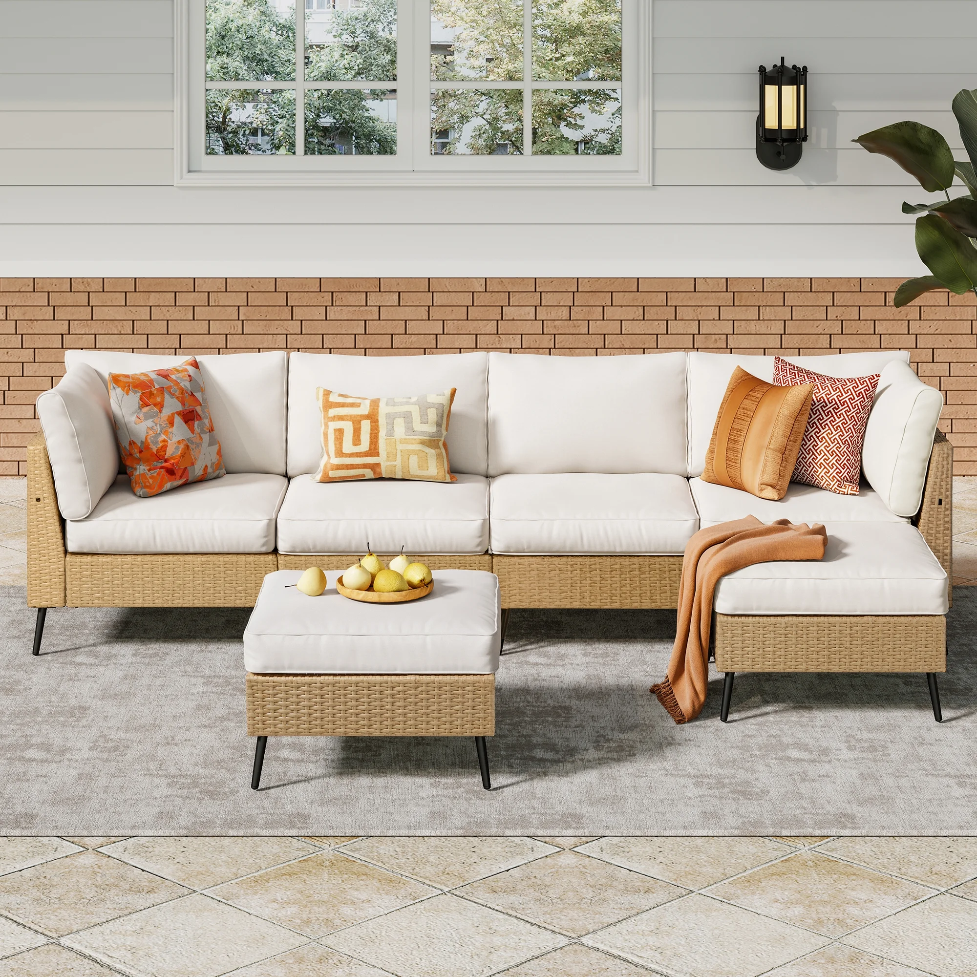 SUNCOZE 6 Pieces Patio Conversation Set, Outdoor Furniture PE Rattan Wicker with Ottoman, Chairs and Beige Cushion