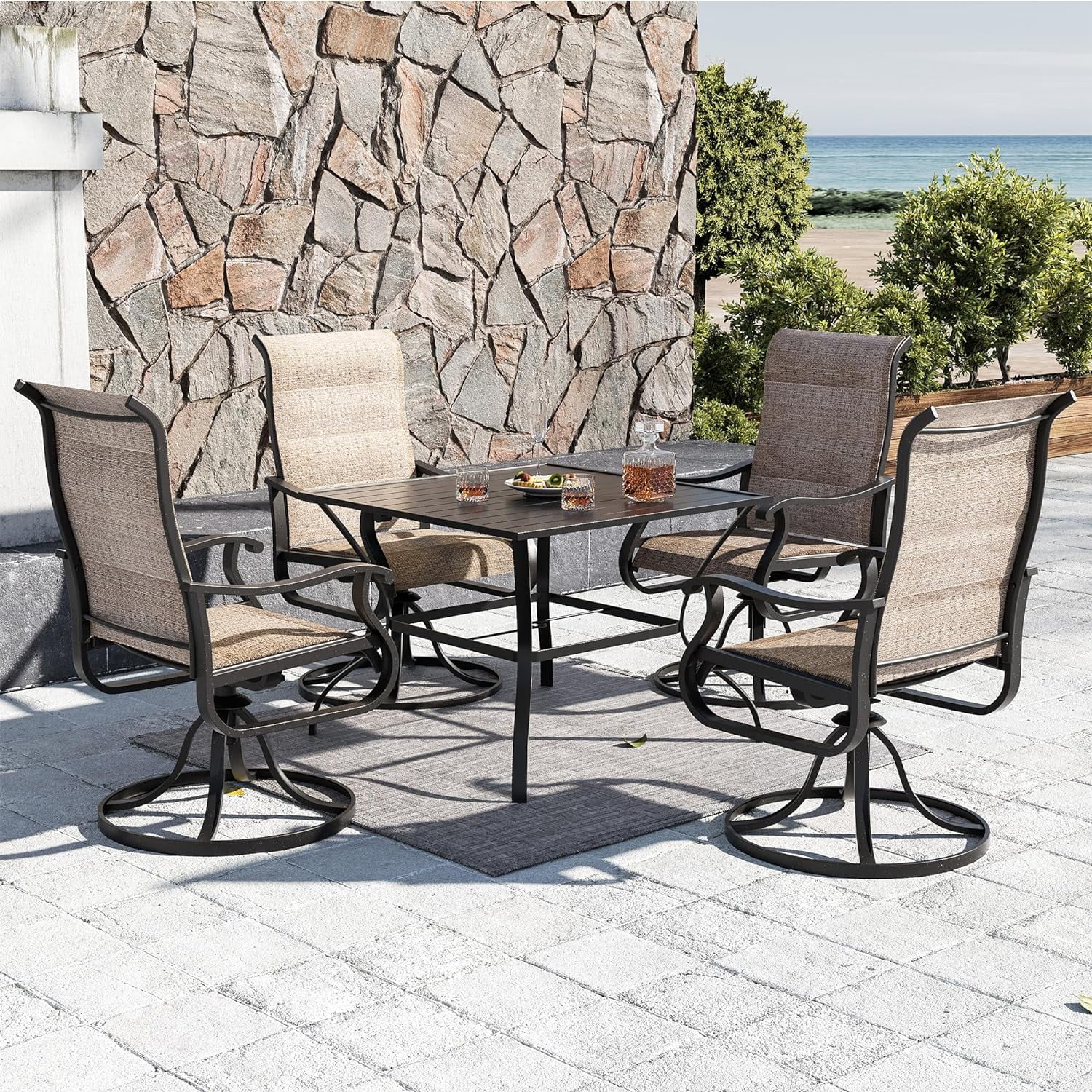 Patio Swivel Chairs Set of 6, Outdoor Dining Chairs with High Back, All-Weather Swivel Rocker Chair for Lawn, Porch or Garden (Padded Brown)