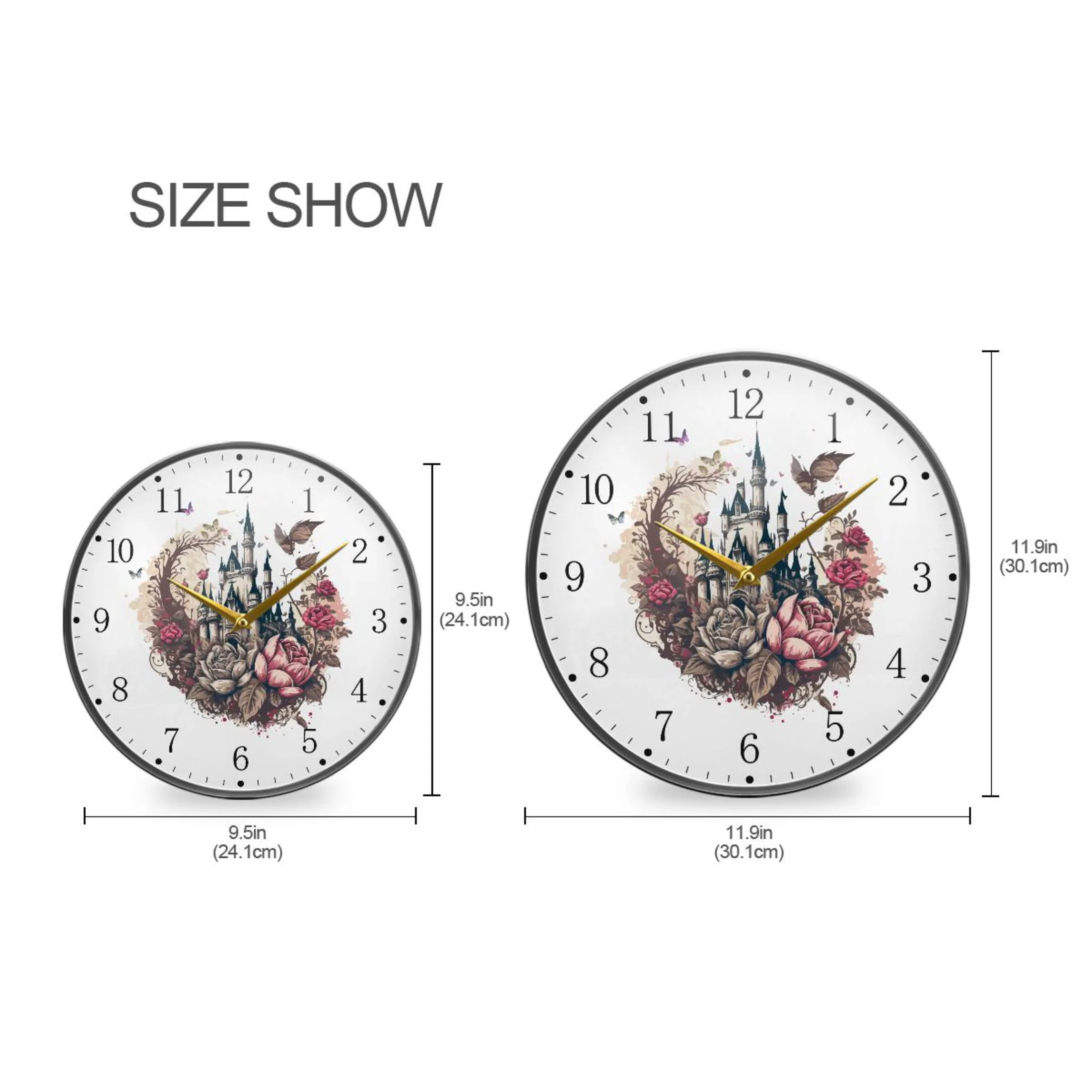 Castle in Watercolor Acrylic Wall Clocks Quiet Round Clock Battery Operated Non-Ticking Clock for Bedroom Kitchen Office Decorative 9.5 Inch