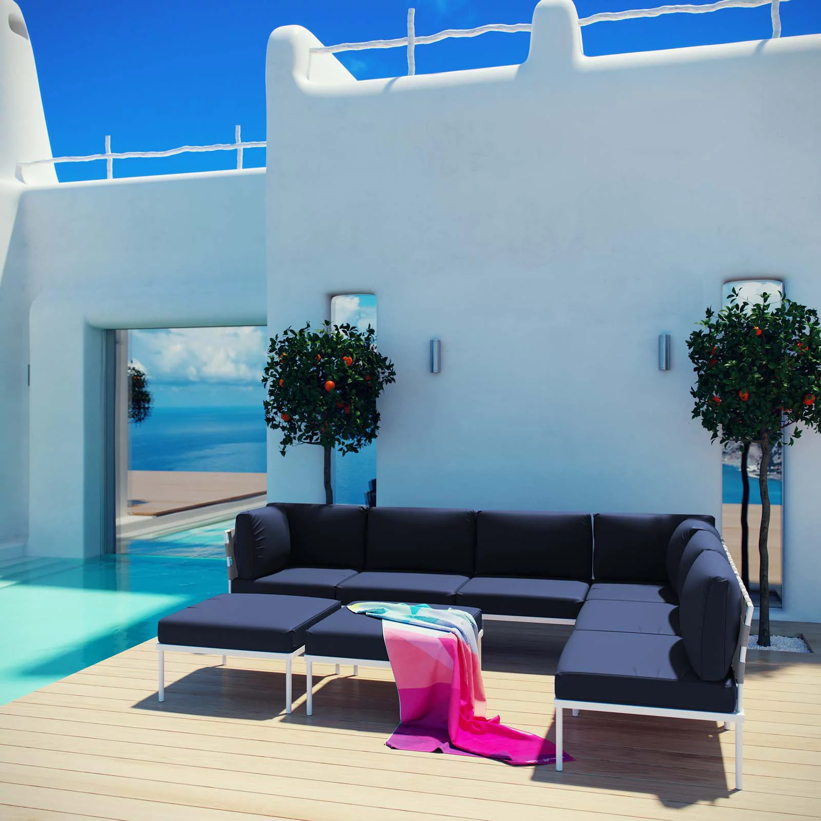 Modern Contemporary Urban Design Outdoor Patio Balcony Eight PCS Sectional Sofa Set, Navy Blue White, Rattan