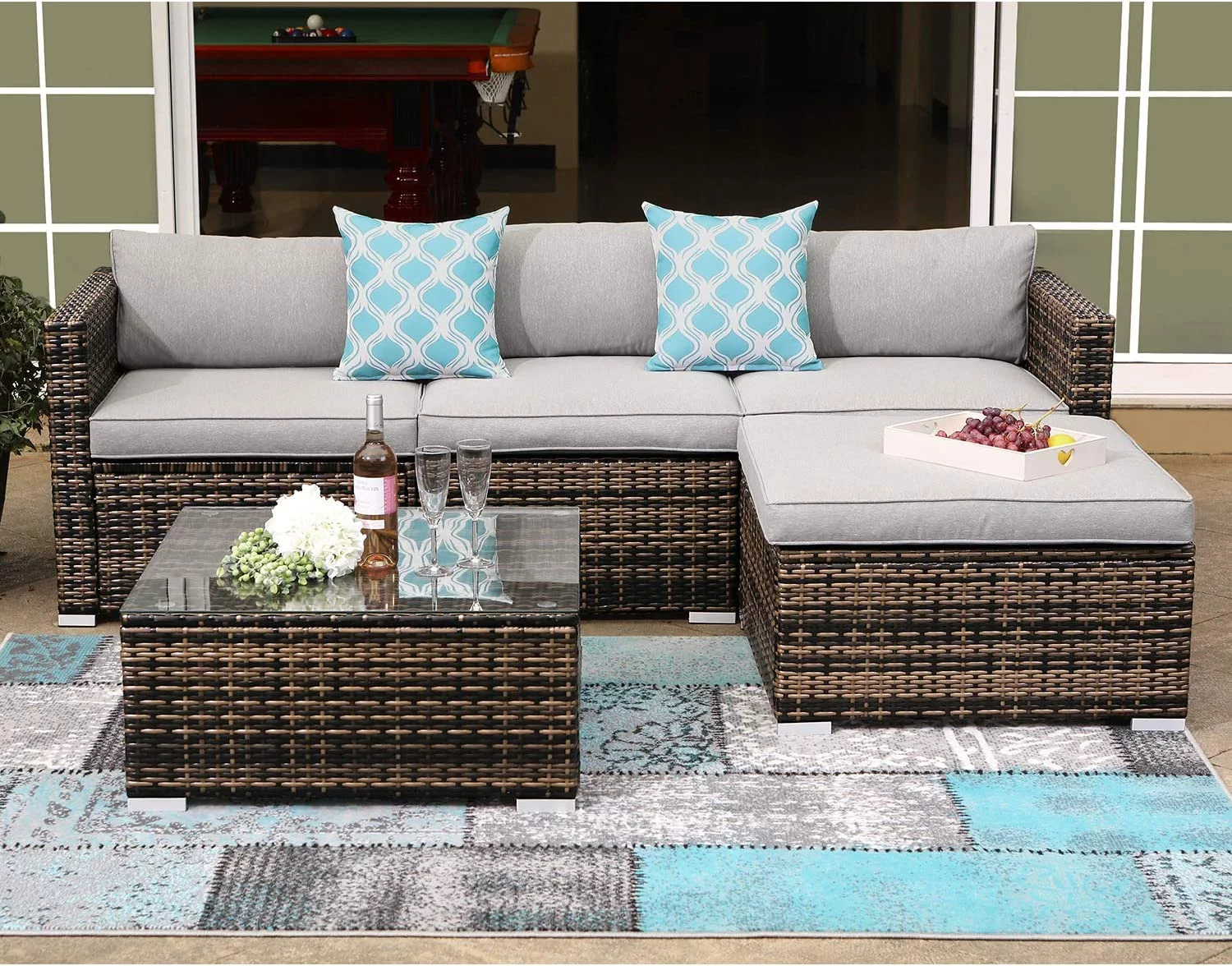 5-Piece Outdoor  All-Weather Mottlewood Brown Wicker Sectional Sofa w Warm Gray Thick Cushions  Glass-Top Coffee Table  2 Teal Pattern Pillows for Garden  Patio
