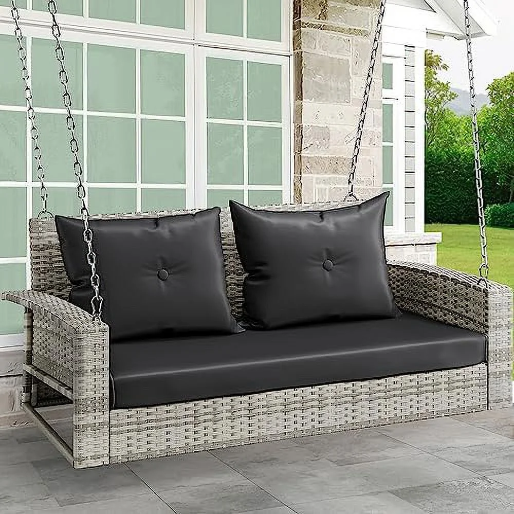 MQLIFEBOOM Wicker Hanging Porch Swing Chair Outdoor Brown Rattan Patio Swing Lounge w/ 2 Back Cushions Capacity 530lbs for Garden  Balcony  Living Room  Beige