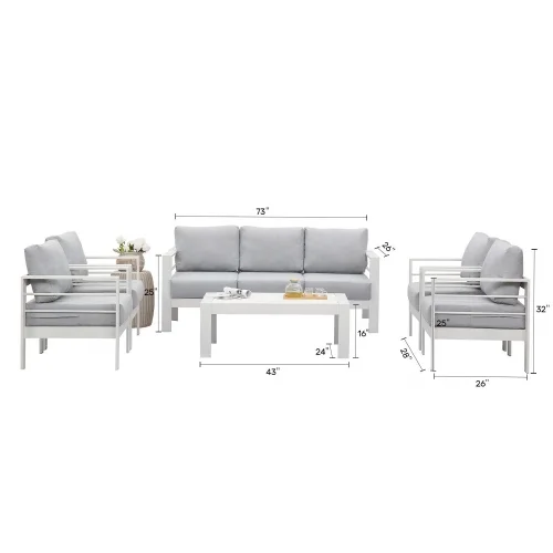 Buumin Comfortable Aluminum White Single Triple Patio Outdoor Sofa Couch Chair Table Furniture Set Of 6 Pieces