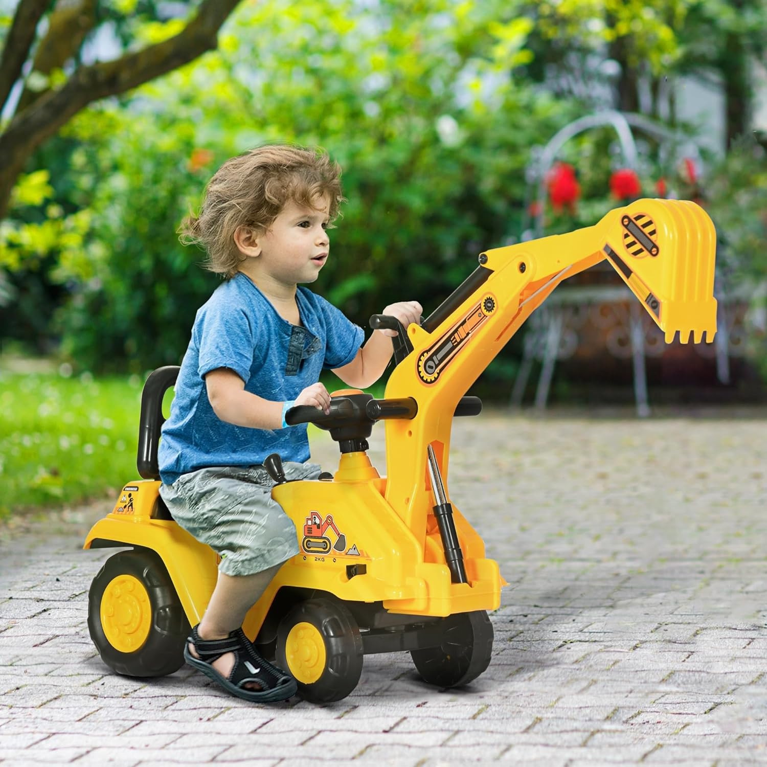 HOMCOM Ride On Excavator Pull Cart, Kids Digger Ride on Truck with Horn, Under Seat Storage, Sit and Scoot Pretend Play Toy Construction Car for Ages 18M+