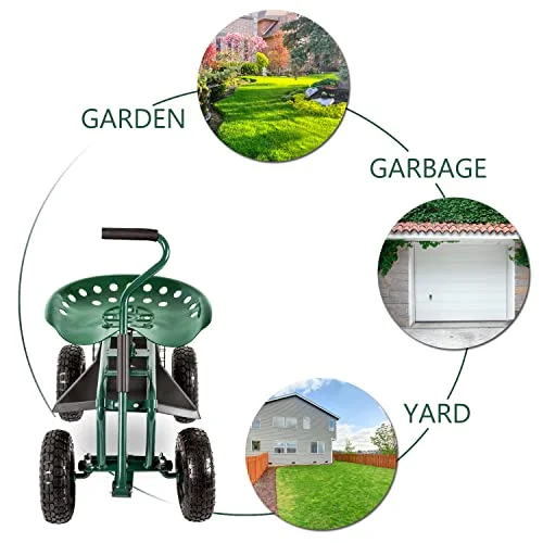 Garden Cart Yard Cart - Garden Cart with Seat,Garden Stool with Wheels,Gardening Stool,Beach Cart,Green