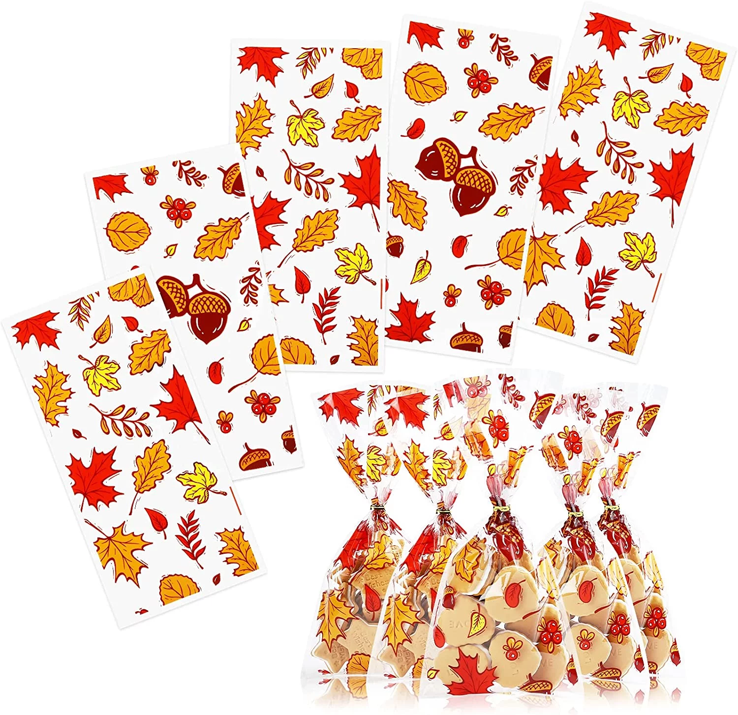 Naler 100 Count Thanksgiving Cellophane Treat Bags with Twist Ties,Clear Maple Leaf Goodie Candy Bag for Autumn Fall Party Favors