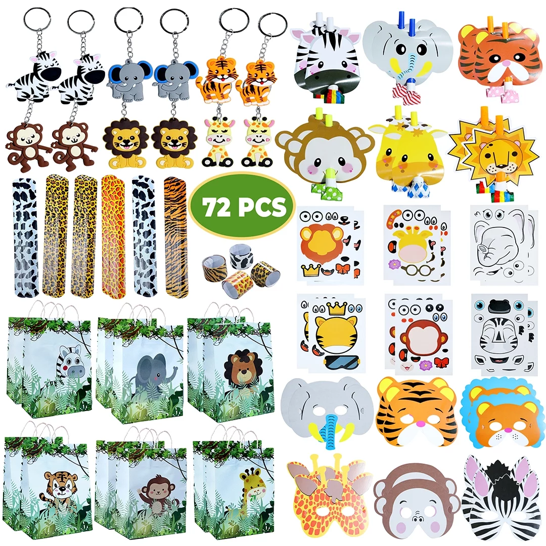Empire Party Supply 72 Pcs Safari Birthday Party Supplies Assortment - Set of 12 Jungle Safari Party Favors Bags Wristband Masks Keychain Blowout