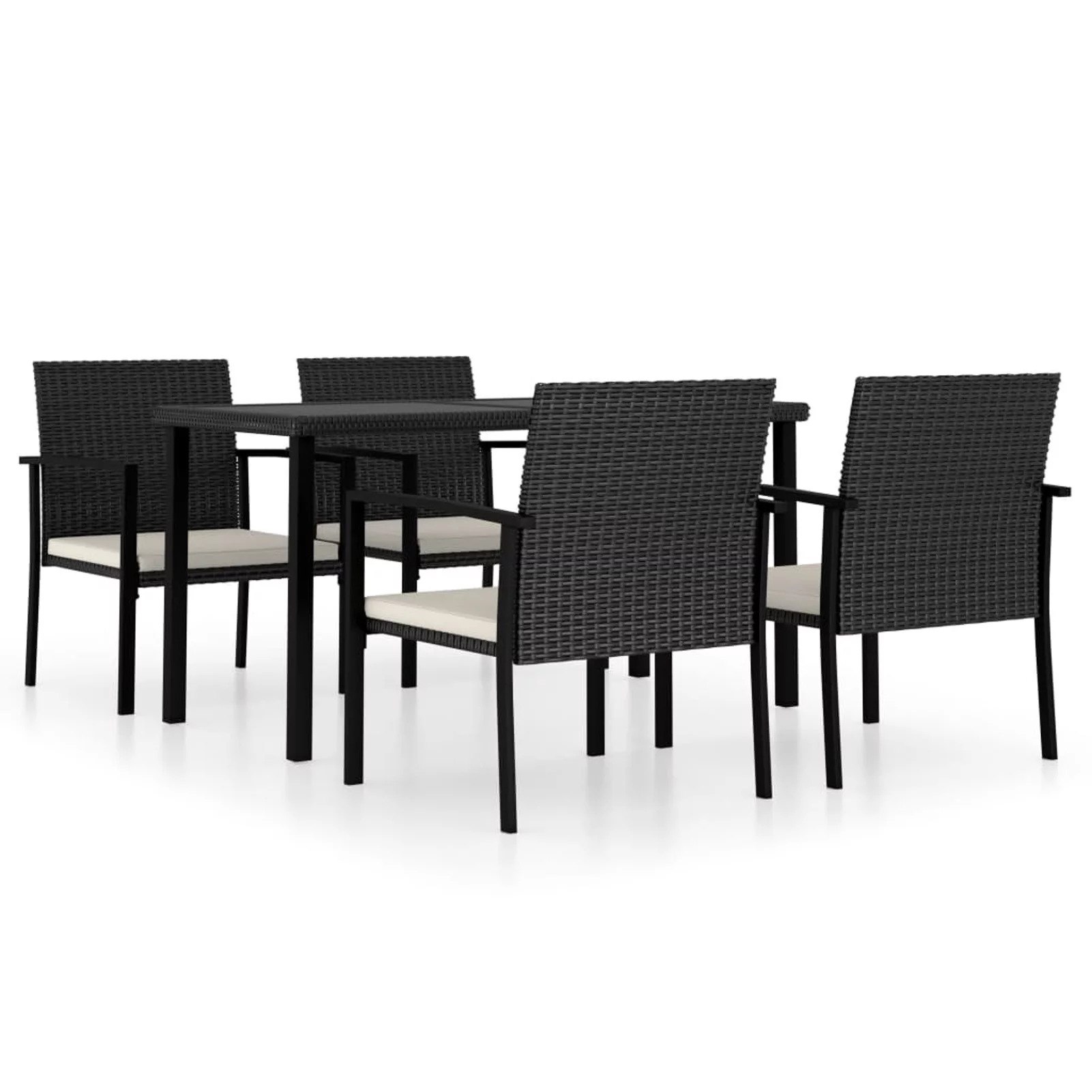 Dcenta Set of 5 Patio Dining Set Glass Tabletop Table and 4 Chairs with Cushion Black Poly Rattan Powder-Coated Steel Frame  Dining Set for Garden, Lawn, Courtyard