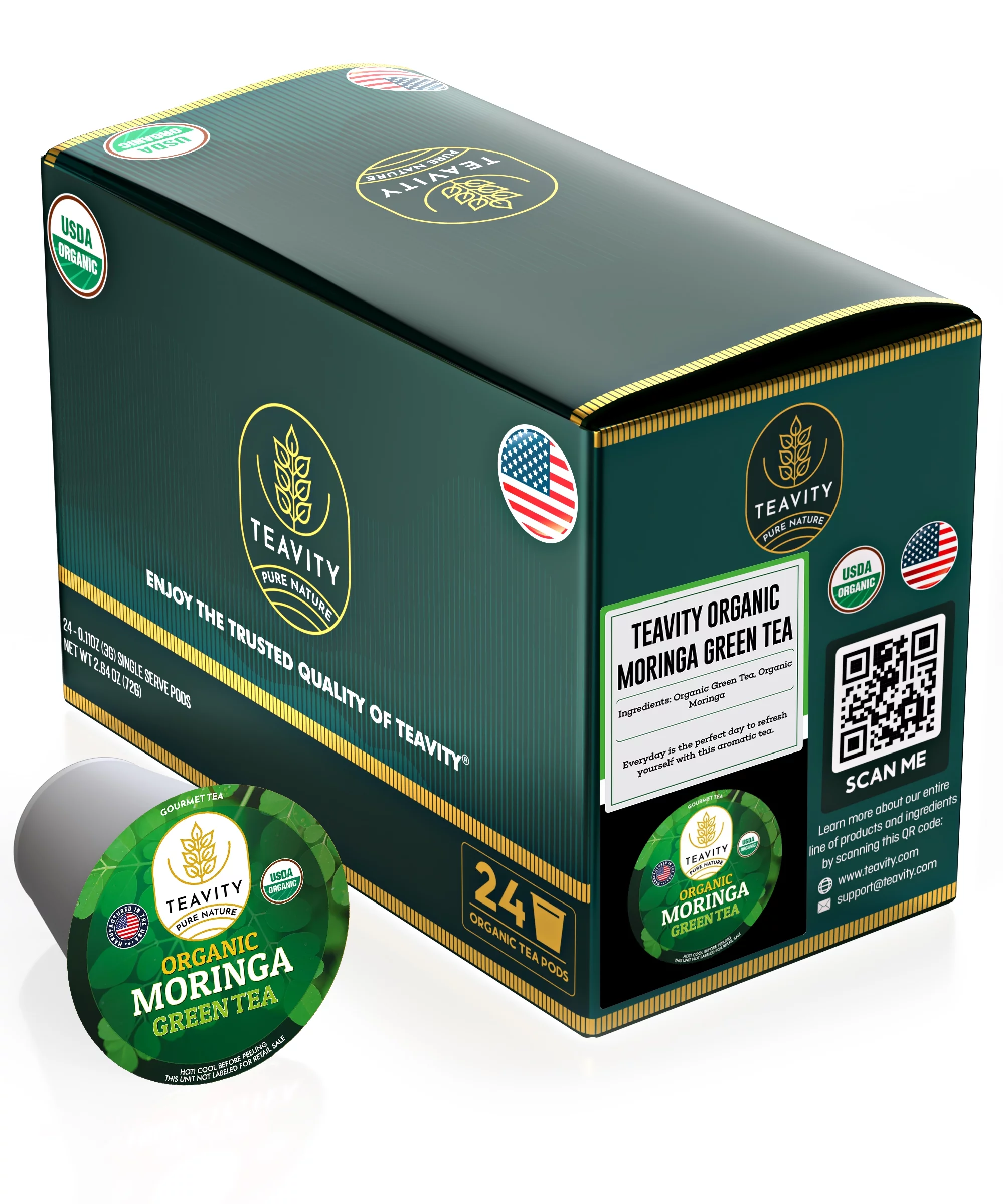 Organic Moringa and Green Tea Pods for Keurig Brewers by Teavity - Naturally Caffeinated Green Tea, 24  Tea Pods