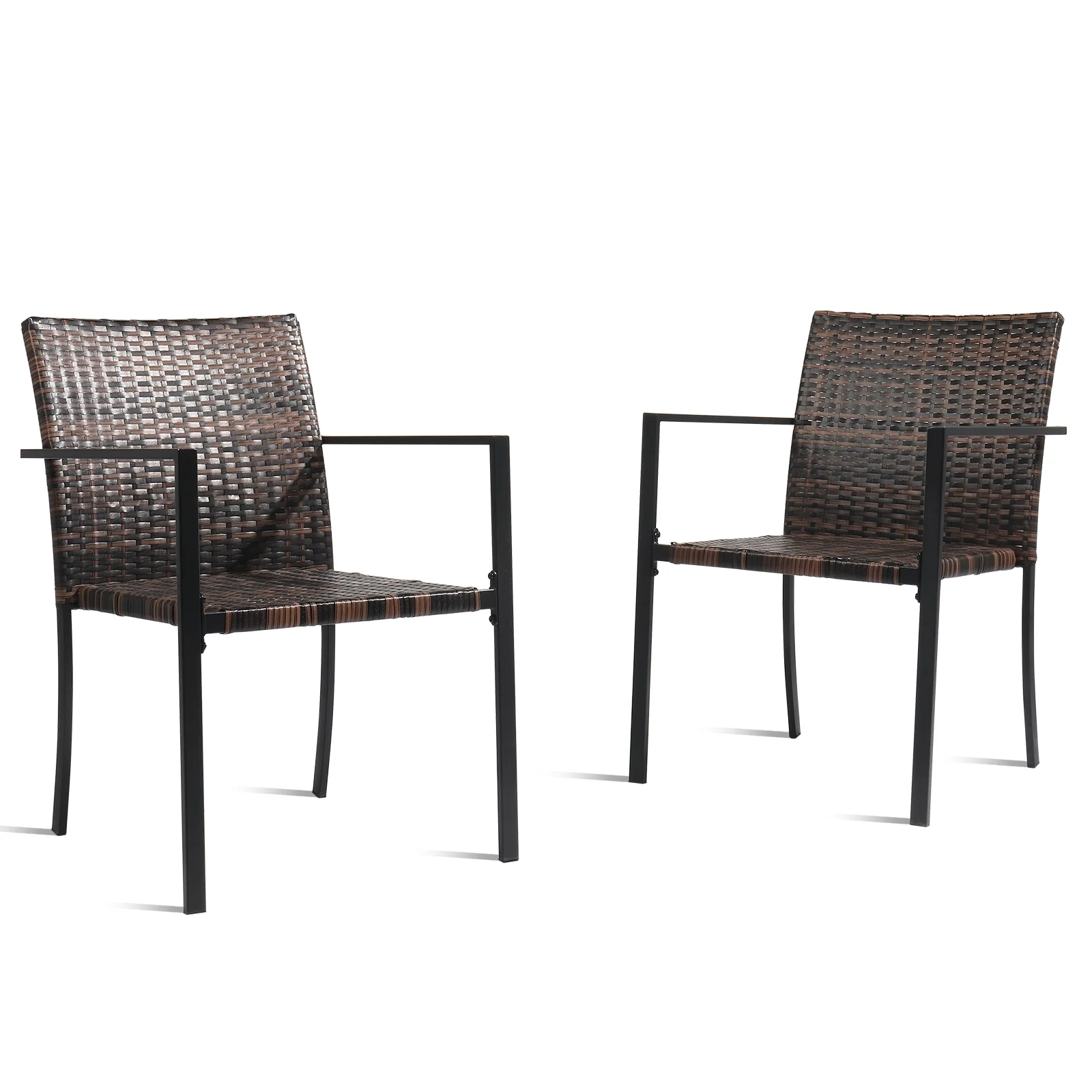 Set of 2 Brown Outdoor Wicker Patio Dining Chairs - Stackable, All-Weather Firepit Armchair with Armrests & Steel Frame for Patio Deck Garden Yard