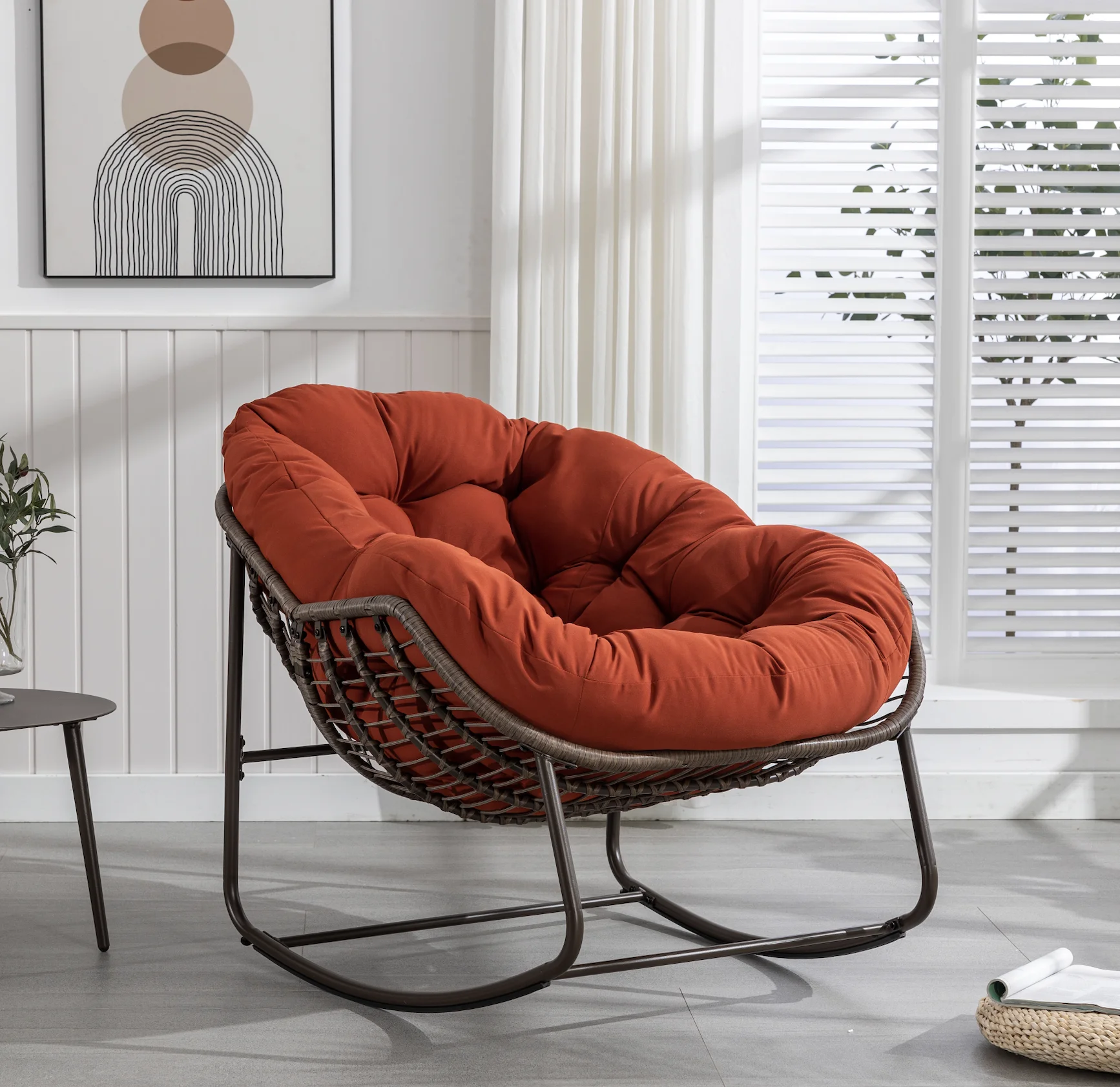 Large Size Rattan Rocking Chair Outdoor Padded Cushion Rocker Steel Frame Recliner Chair for Front Porch Living Room Patio Garden,Orange