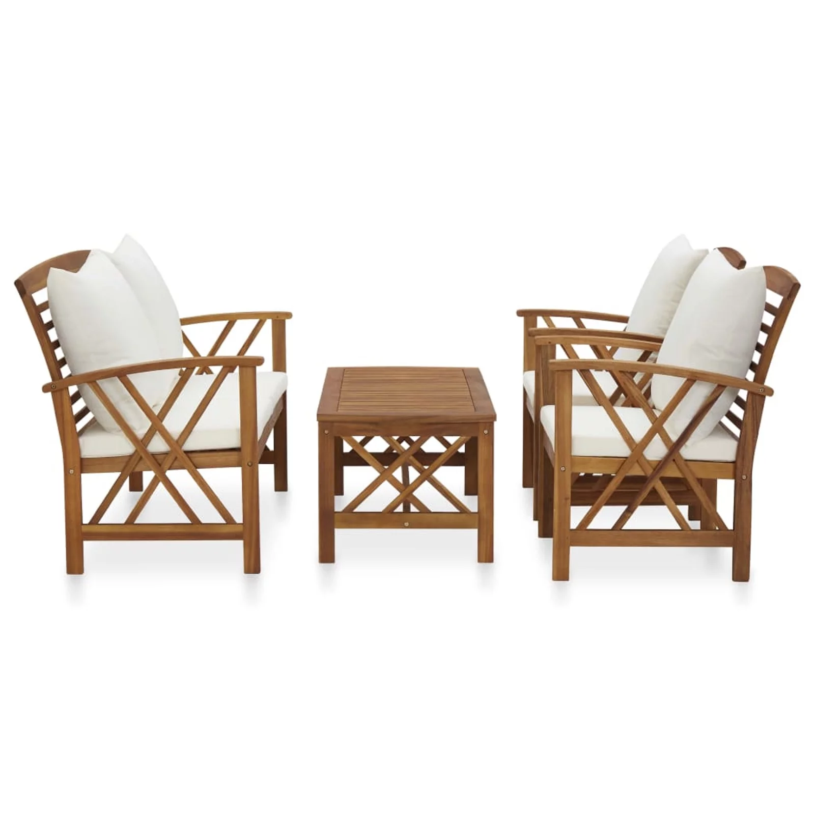 Anself 4 Piece Patio  Set with Cream White Cushions Acacia Wood 2 Garden Chairs with Bench and Coffee Table  Conversation Set for Garden, Lawn, Courtyard