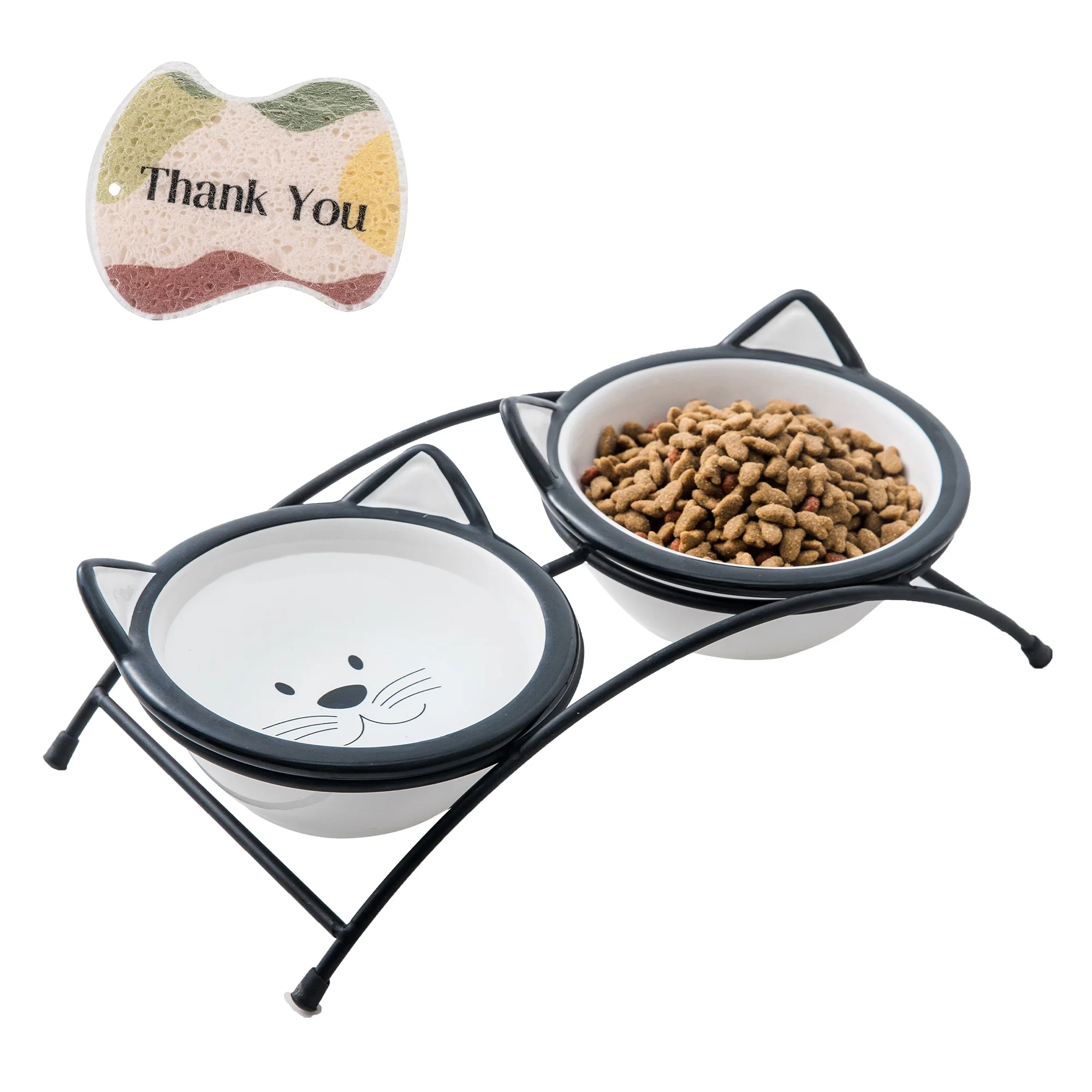 YHY Ceramic Cat Bowl with Dishwashing Sponge, 12 OZ Elevated Cat Food Bowls, Set of 2 for Food and Water, Non-Slip Elevated Pet Bowls for Cats and Small Dogs, Dishwasher Safe