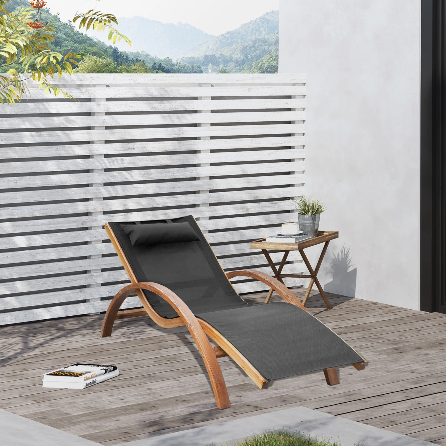 SQEWRED Outdoor Chaise Wood Lounge Chair with Pillow  Armrests  Breathable Sling Mesh and Comfortable Curved Design for Patio  Deck  and Poolside