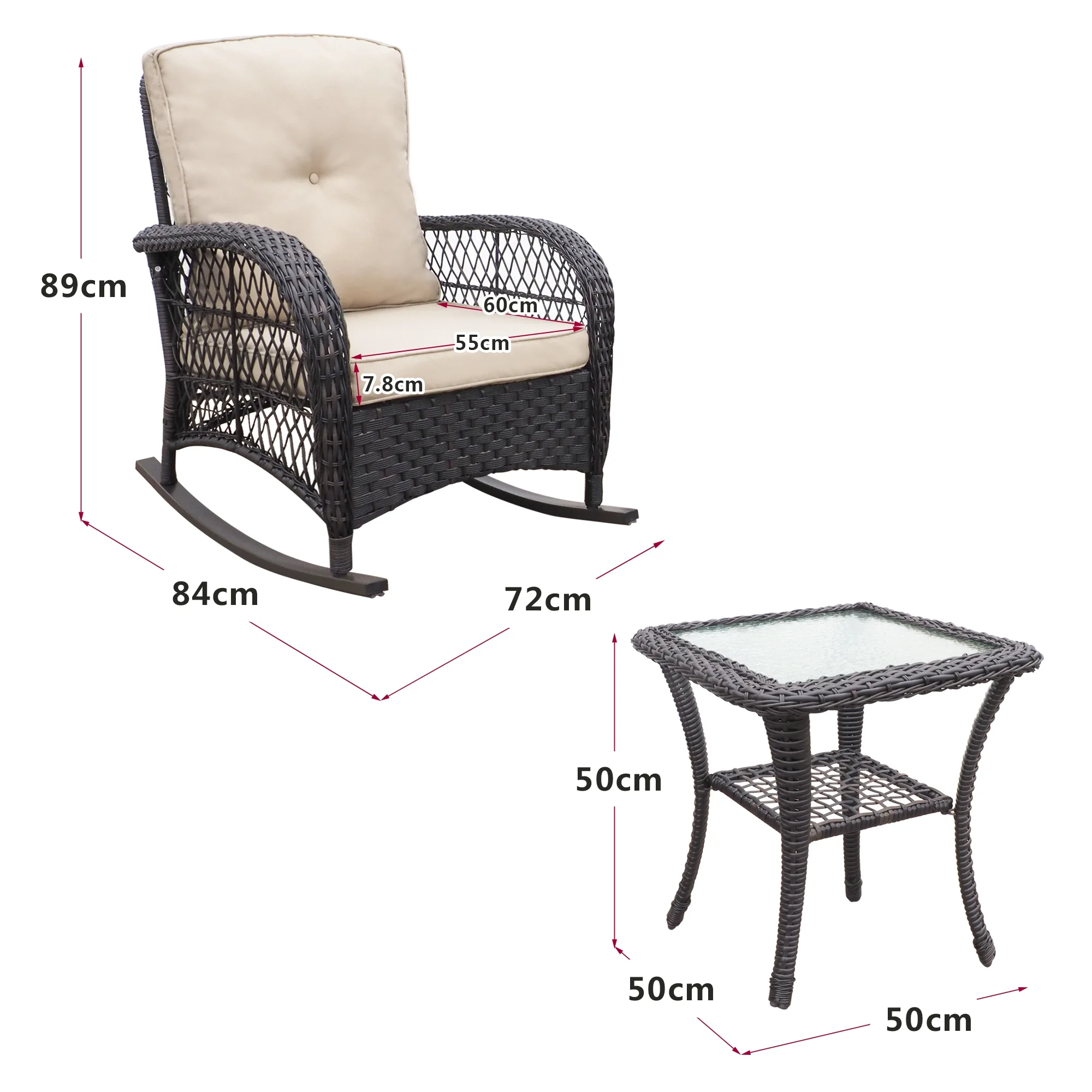 3 Piece Wicker Patio Rocker Sets, Rattan Rocking Furniture Set with Glass Table Dark Brown