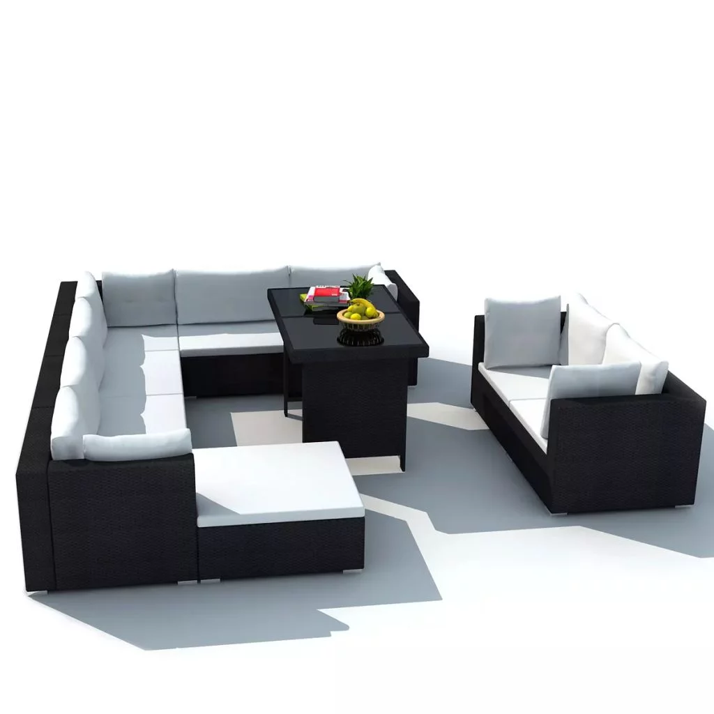 OWSOO 10 Piece Garden Set with Cushions Poly Rattan Black