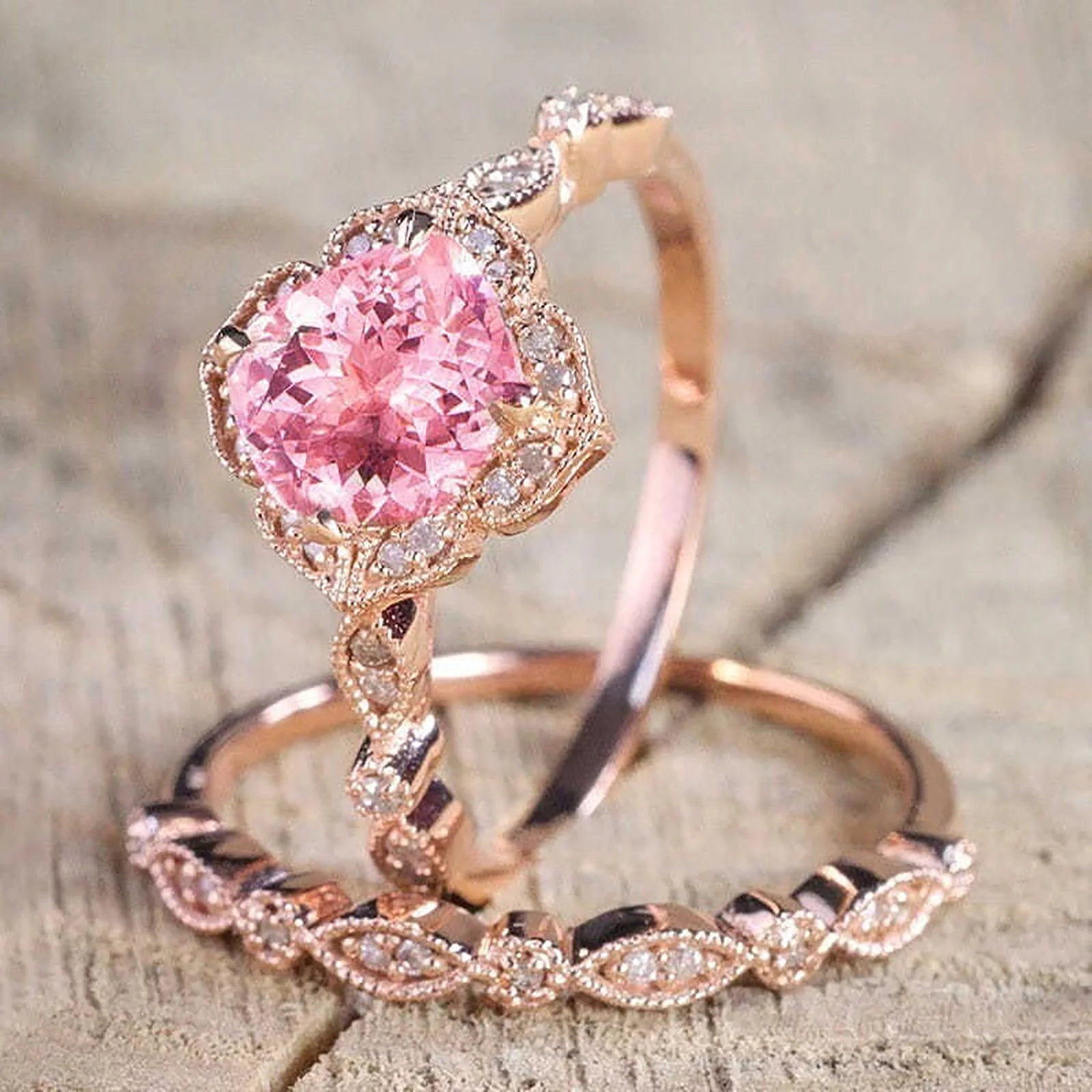 ILJNDTGBE Vintage Floral Champagne Engagement Ring Pink Diamond Wedding Band Ring Set Anime Ring Cute Rings Pack Jewelry Rings for Girls Ring Teen Bride Ring Set Women's Rings Ho