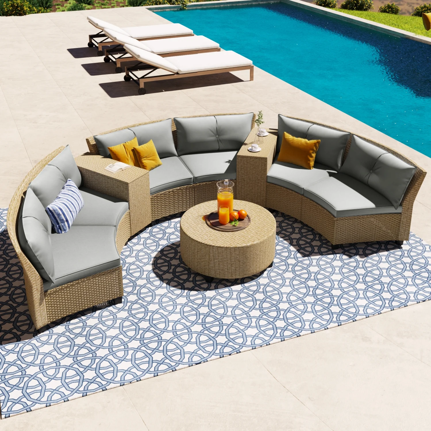 Stylish and Comfortable 6-Person Fan-Shaped Rattan Suit Combination with Cushions and Table - Outdoor Furniture Set for Relaxing and Entertaining [VIDEO provided]