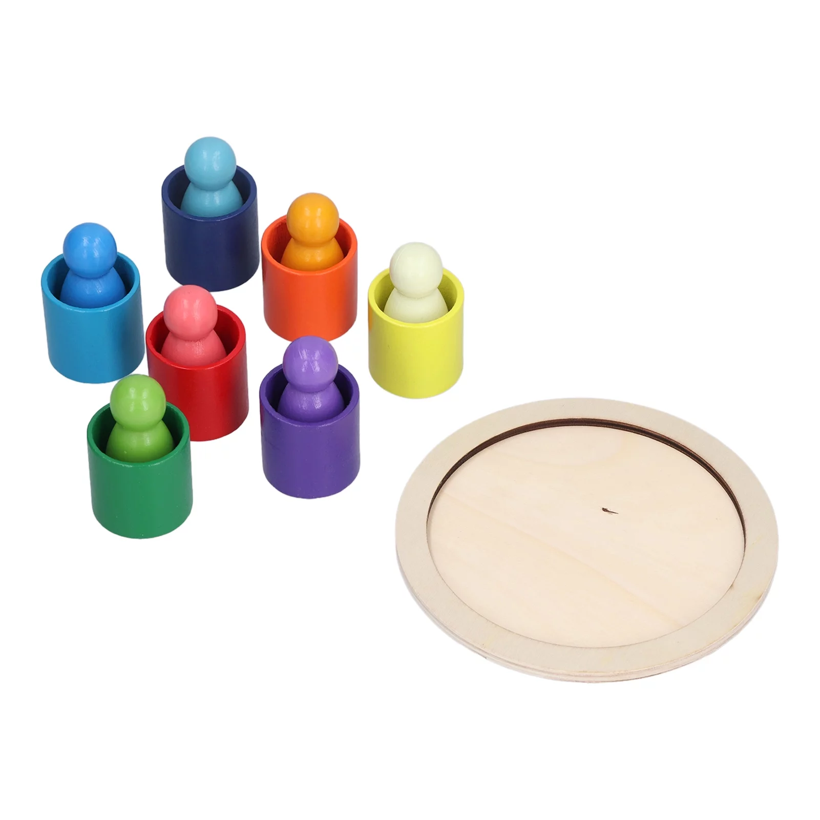 Buumin 7pcs Wooden Peg Dolls with Round Tray Rainbow People Playset Toys for Kids Children Preschool