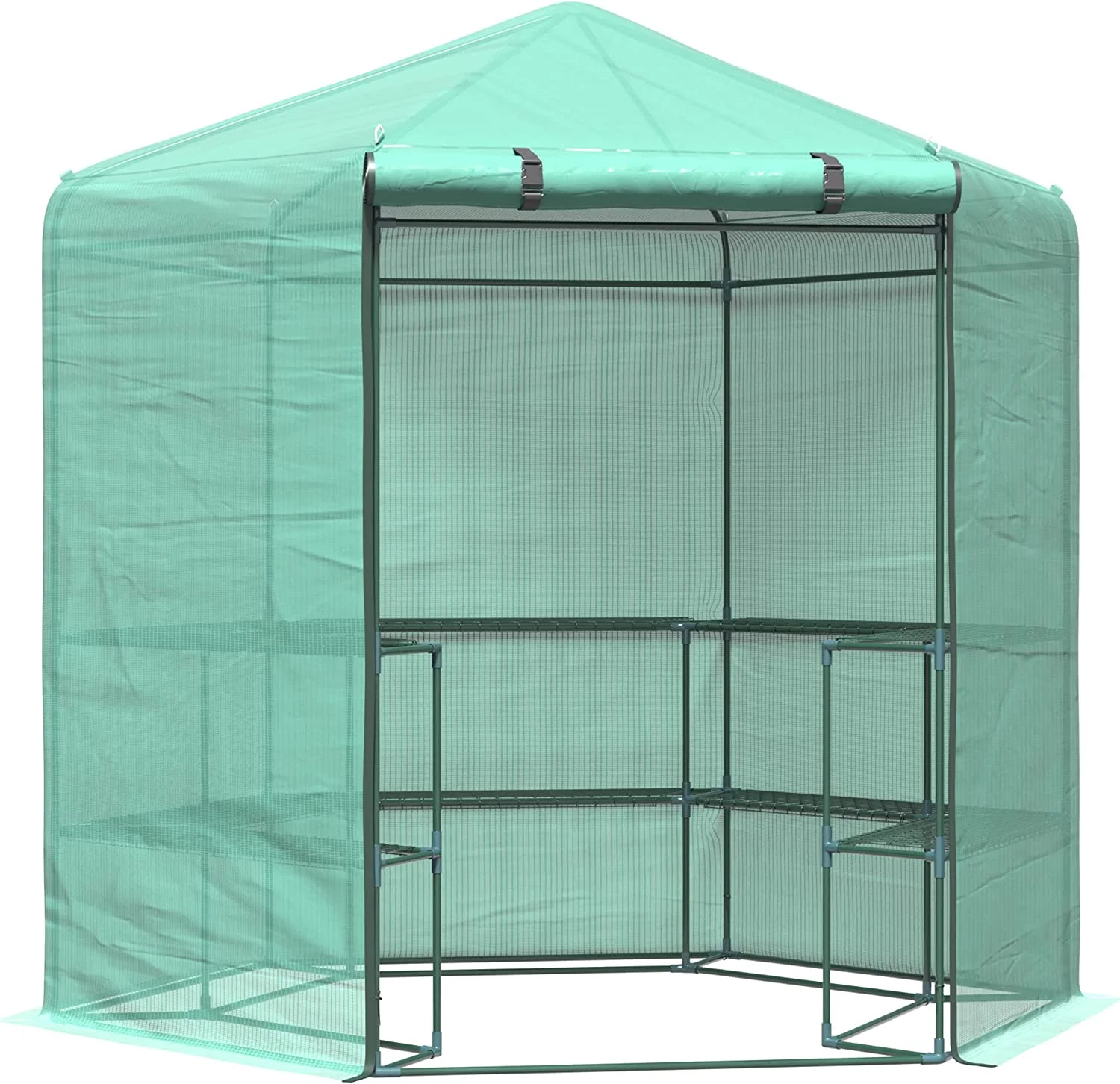 Walk-in Greenhouse Outdoor 3 Tier 10 Shelf Warm House Garden Hexagonal Hot House with Roll-Up Zipper Door & Steel Frame