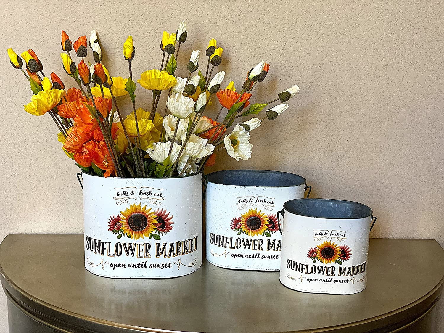 Set of 3 Sunflower Market Decorative Buckets Modern Farmhouse Country Decor Rustic Kitchen Room Indoor Outdoor