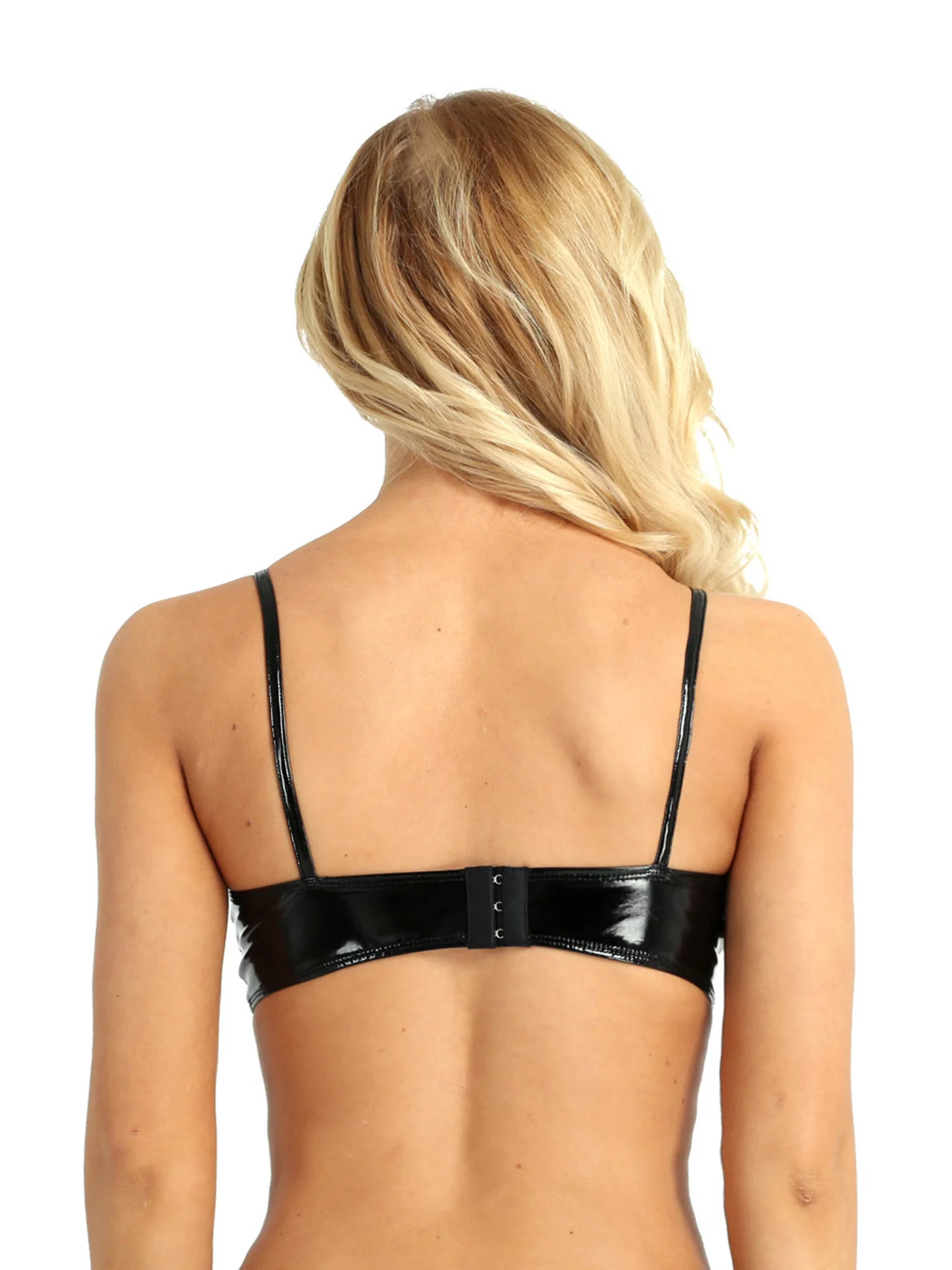 YEAHDOR Womens Wetlook Wire-Free Brattle Faux Leather Bra Rave Pole Dance Tops Clubwear Black-B Medium