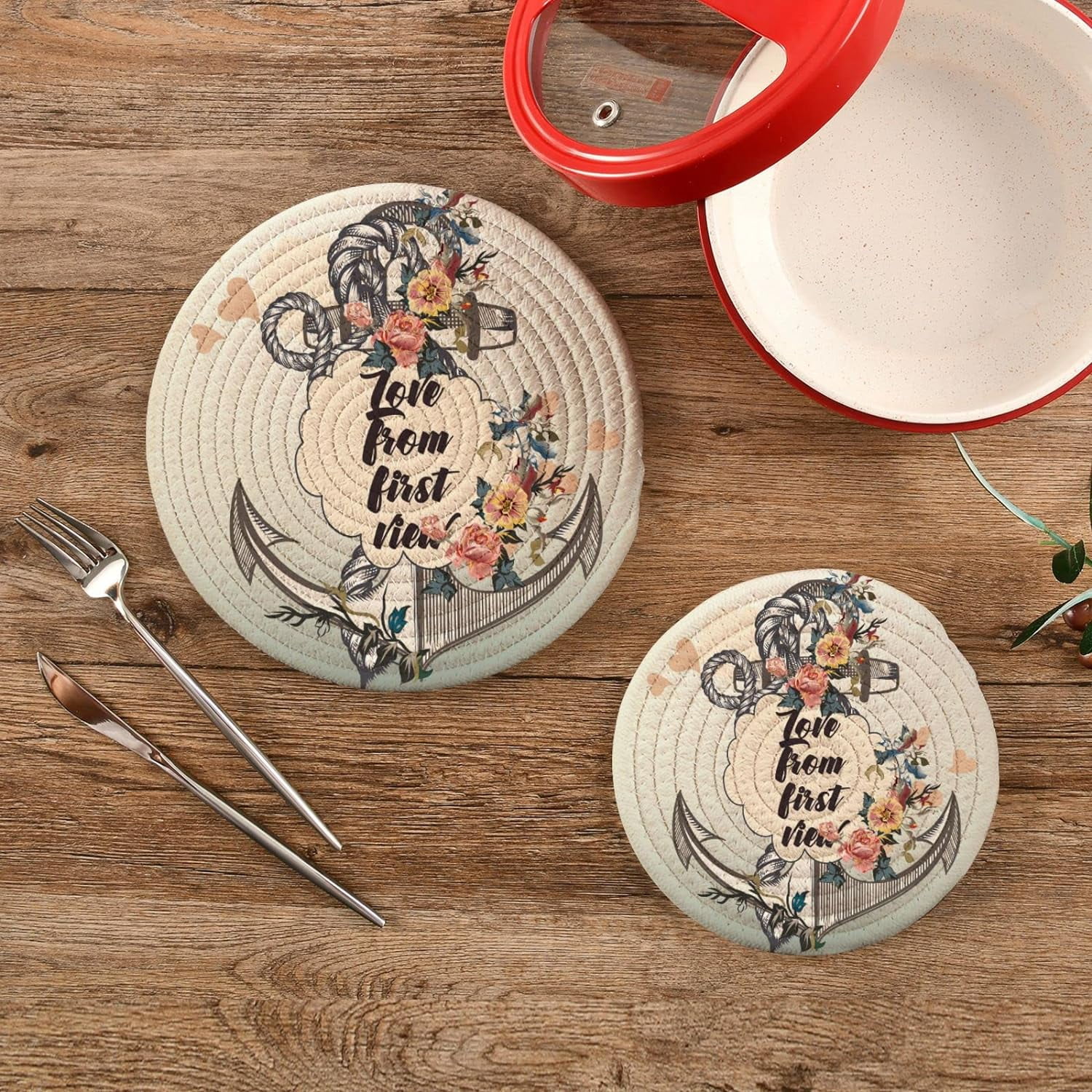 SKYSONIC Vintage Anchor Flowers Pot Holders Trivets, 2 Pcs Heat Resistant Trivets,Summer Marine Cotton Thread Weave Mats for Hot Pads Pans Pot Bowl Teapot for Kitchen Decor