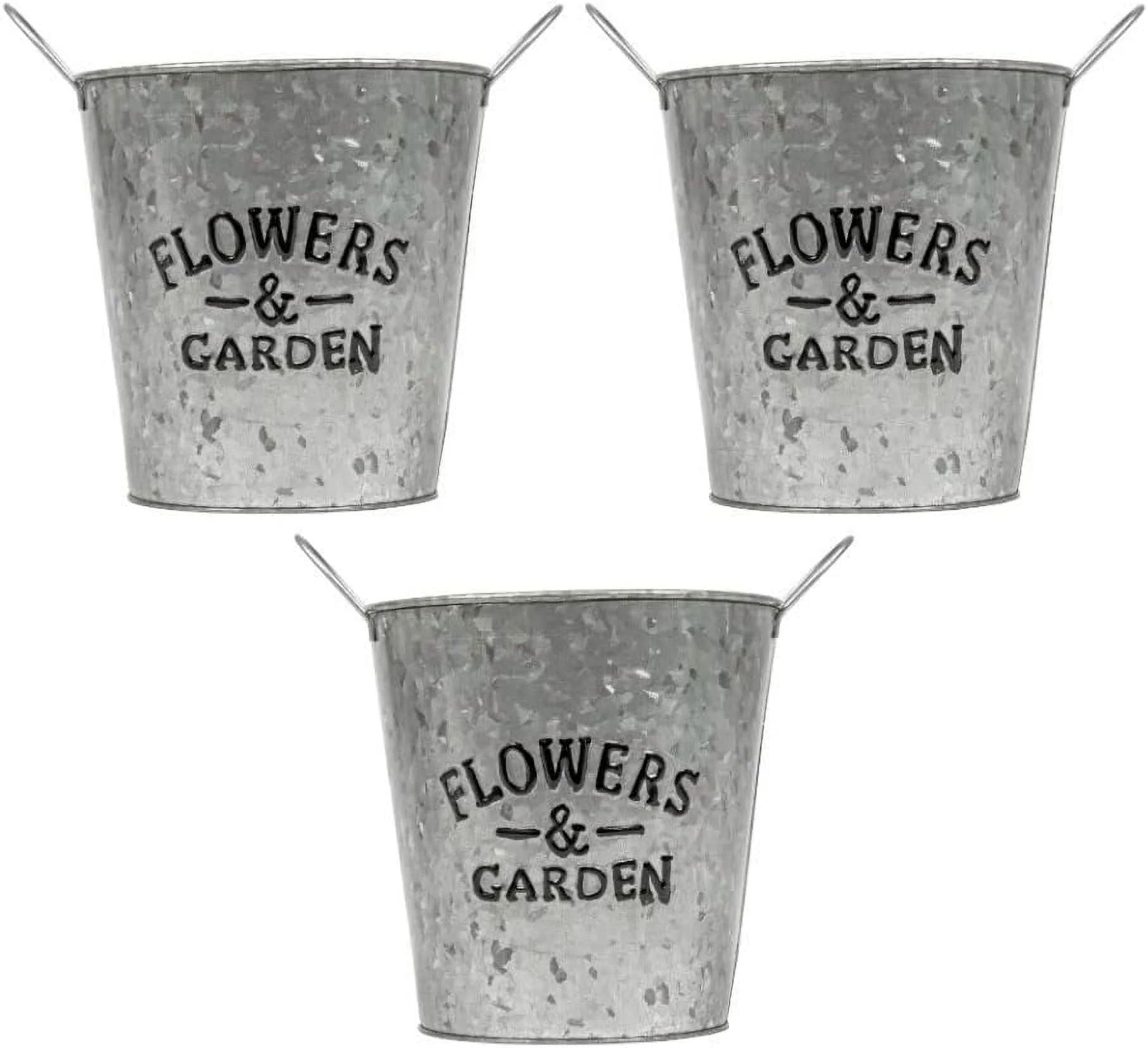 3 Pack - Galvanized Flowers & Garden Metal Planter Pots With Handles - Perfect For Home Decorations, Weddings Or Parties