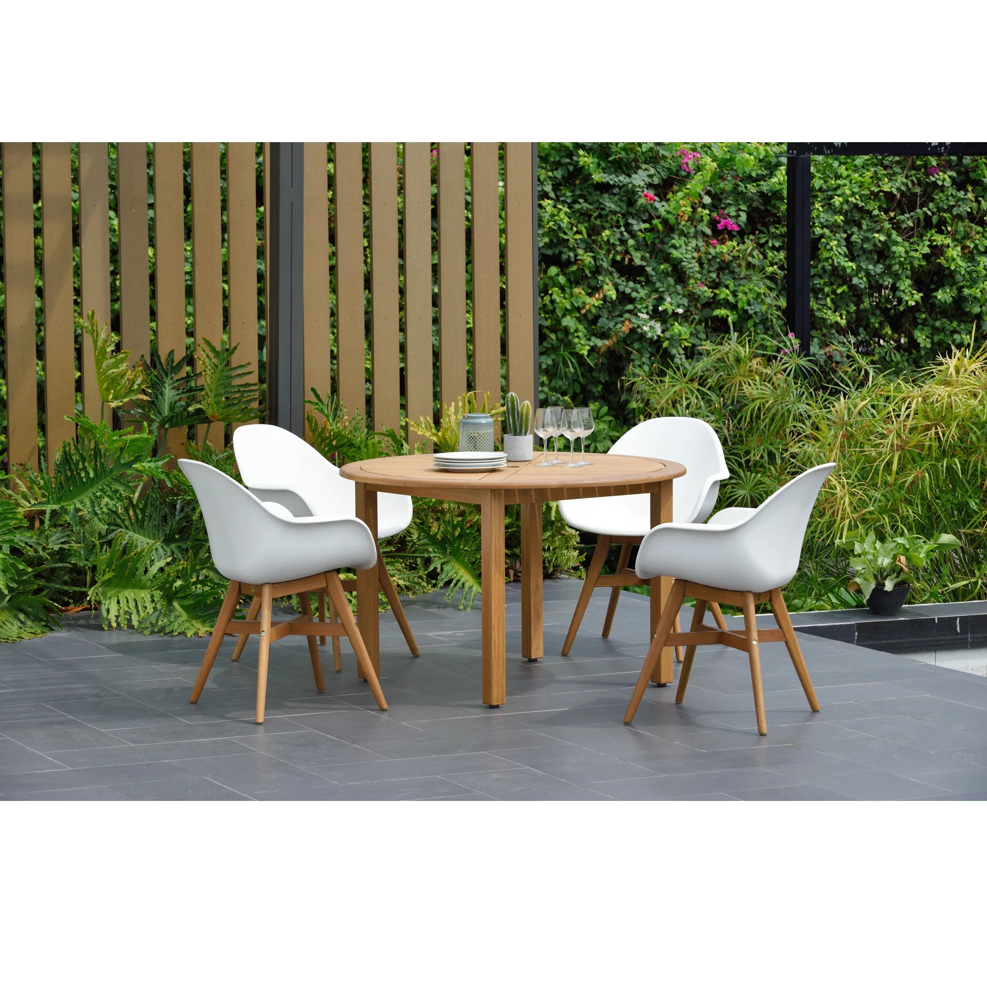 Outdoor Living and Style 5 Piece White and Teak Brown Retro Outdoor Patio Dining Set - 3.75ft