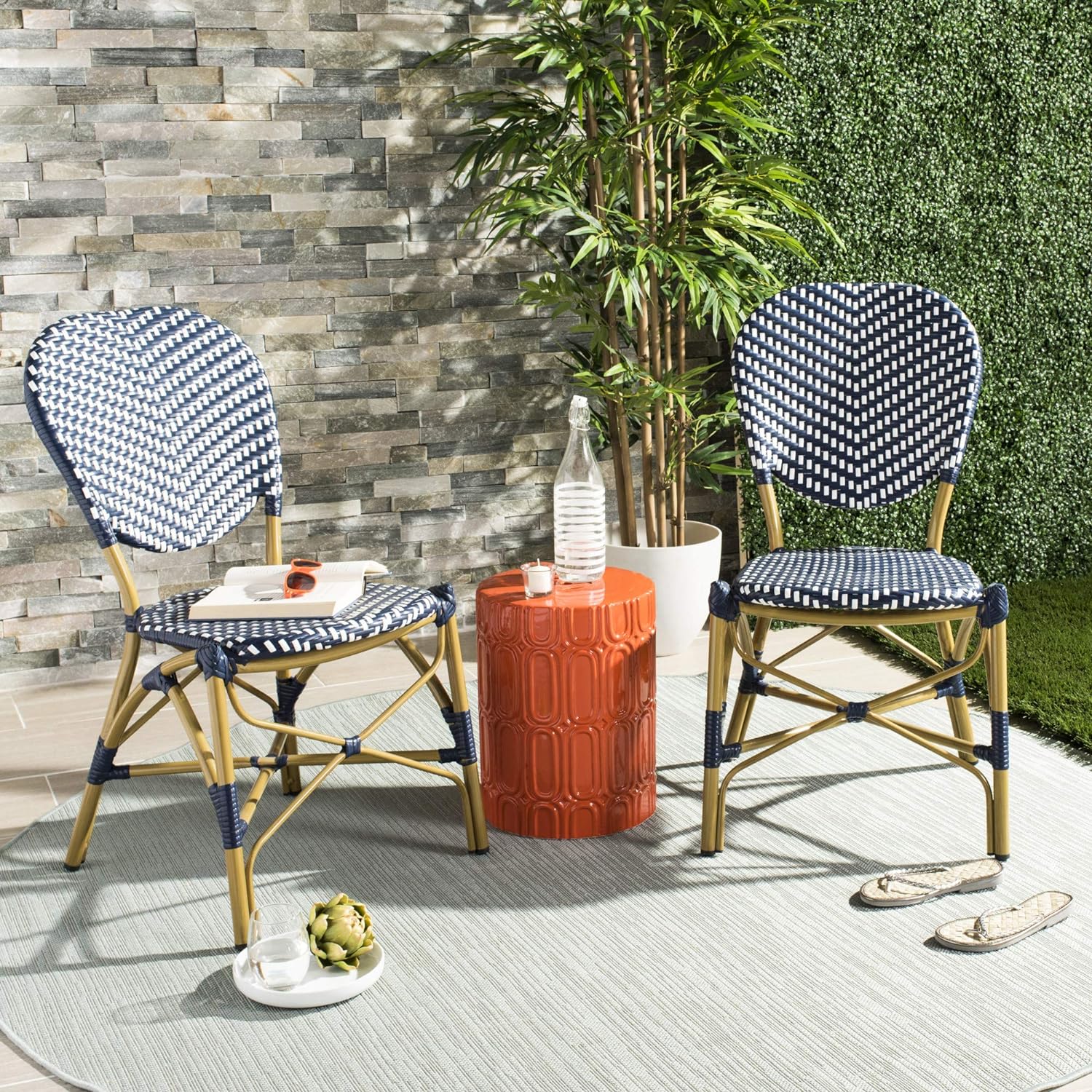 YANRUI PAT4010B-SET2 Outdoor Collection Lisbeth Grey and White French Bistro Stacking Side Chair