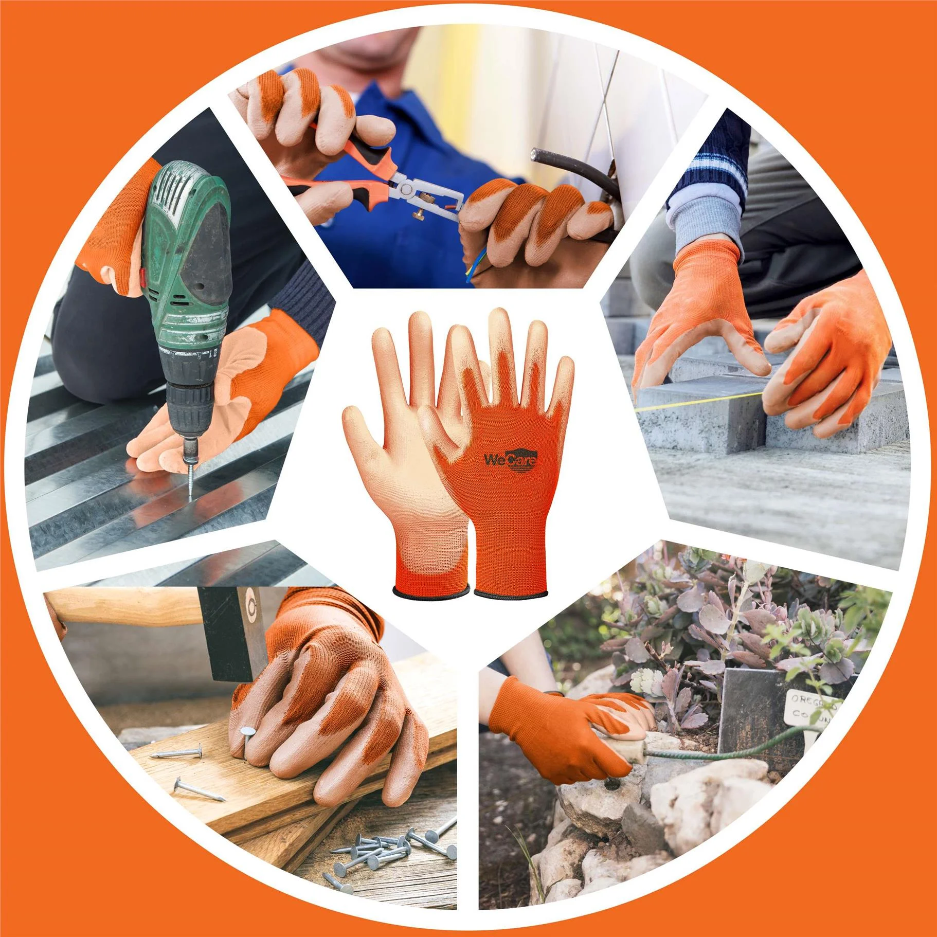 WeCare Orange Working Gloves with PU Coating (L) - 3 Pairs of Safety Work Gloves - Construction, Gardening, Electric Gloves