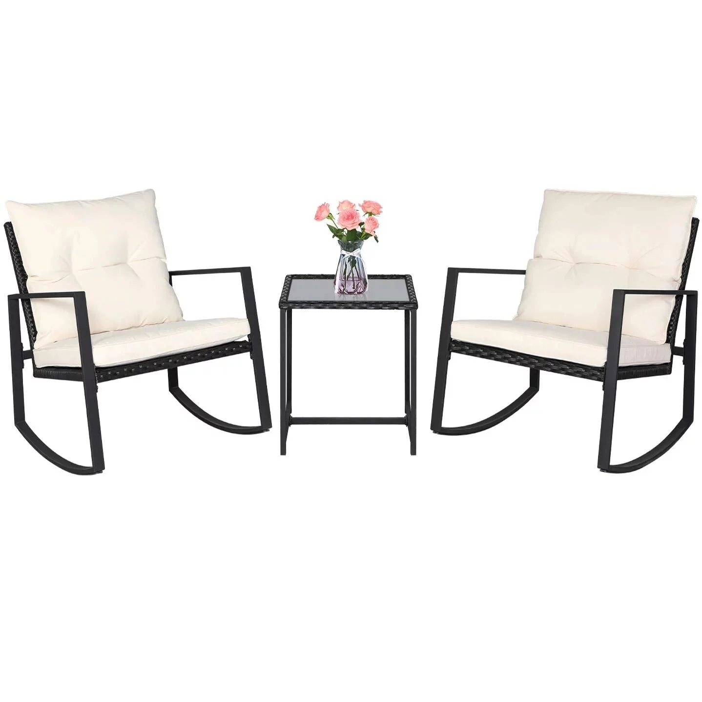 Havenside Home Pheap Outdoor Patio 3-piece Black/Brown Wicker Rocking Bistro Set by  Black/Beige