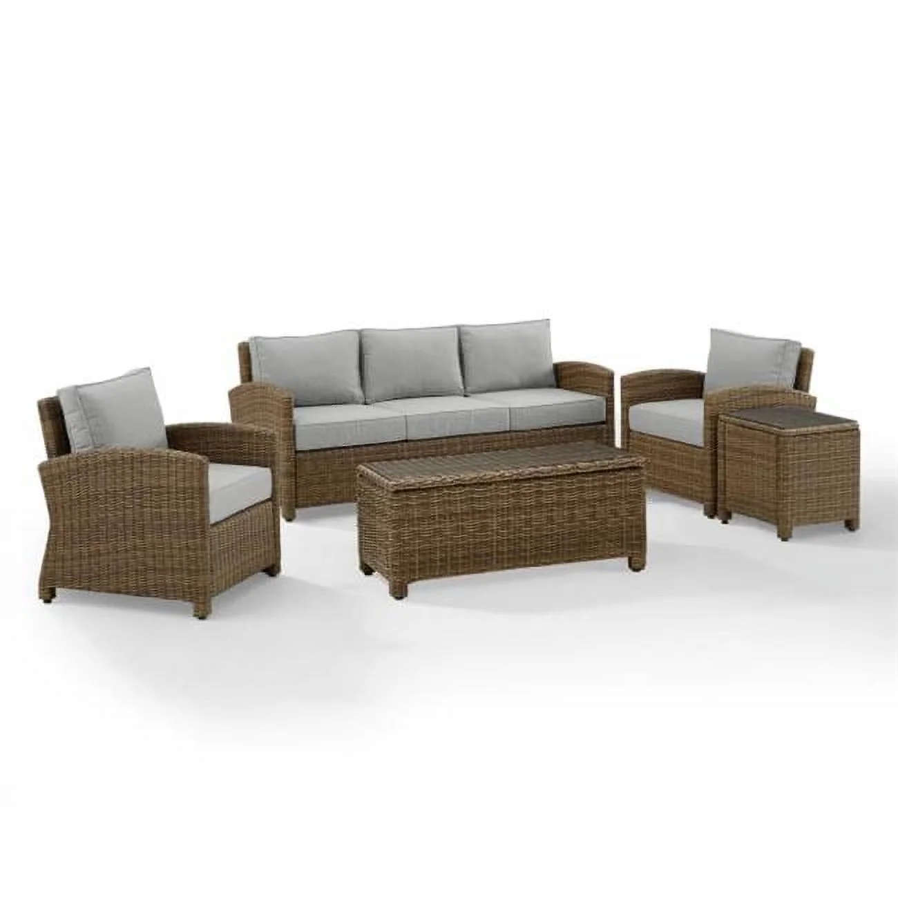 144 x 93.75 x 32.50 in. Bradenton Outdoor Wicker Sofa Set - Sofa, Coffee Table, Side Table & 2 Arm Chairs, Gray & Weathered Brown - 5 Piece