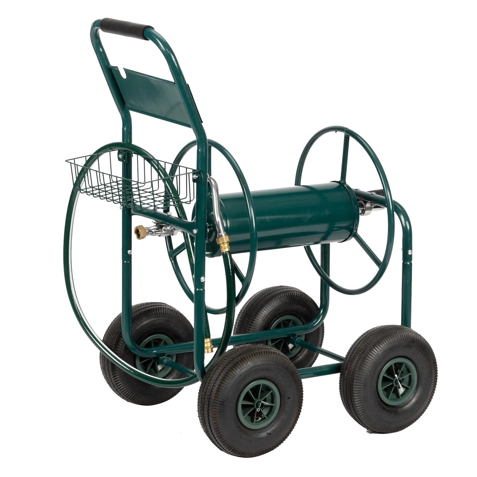 Yard Garden Water Hose Reel Cart Iron Four-Wheel Pipe Truck Dark, Green