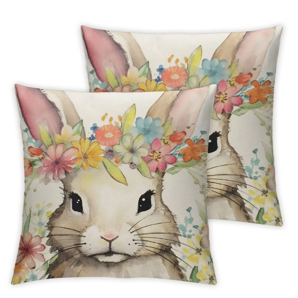 COMIO Spring Easter Pillow Covers Set of 2 Cute Bunny Rabbit Floral Easter Decorations Watercolor Pink Flower Butterfly Decorative Throw Pillow Cases Outdoor Farmhouse Decor for Sofa Couch Bed