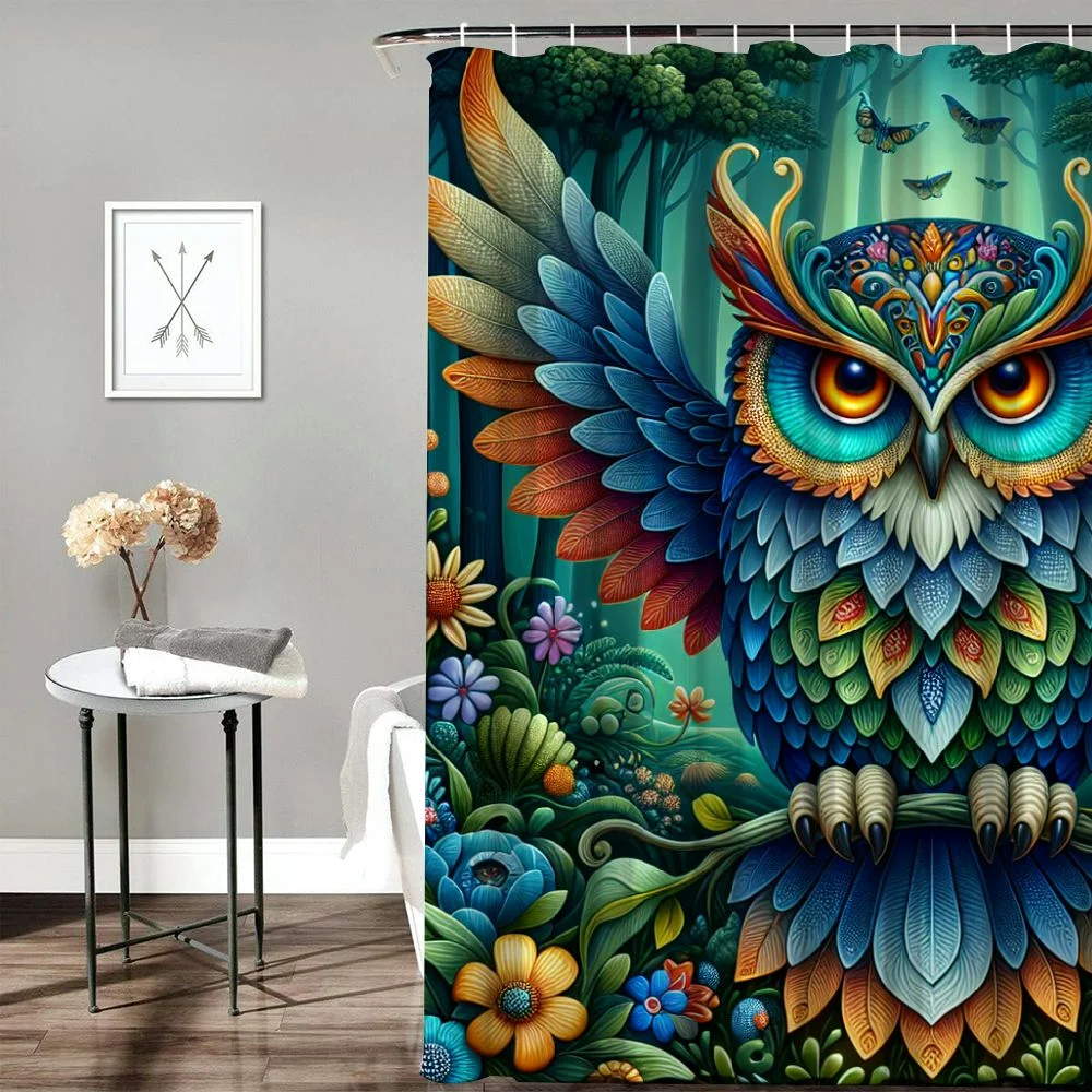 Dvbnli Watercolor Cartoon Shower Curtain, Forest Flower Butterfly Background Handsome Owl Bird Theme Shower Curtain, Boys And Girls Bathroom Personality Shower Curtain Hooks