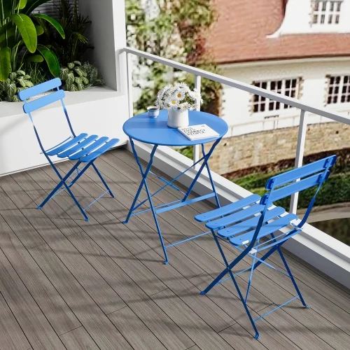 3 Pieces Patio Bistro Balcony Metail Chair Table Set-Blue