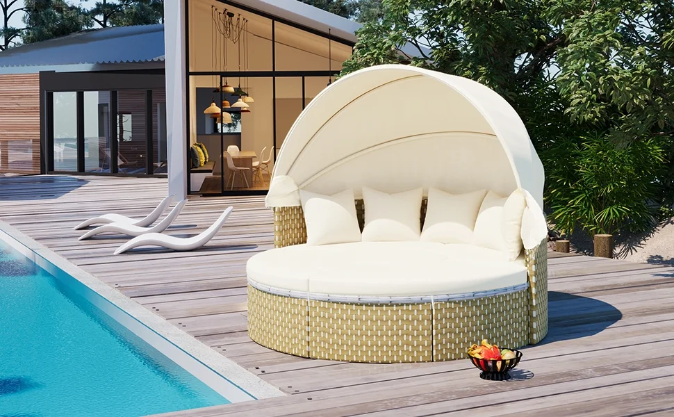 Premium Wicker Round Outdoor Sectional Sofa Set with Retractable Canopy and Plush Beige Cushions - Ideal Patio Daybed for Luxurious Comfort and Stylish Outdoor Living