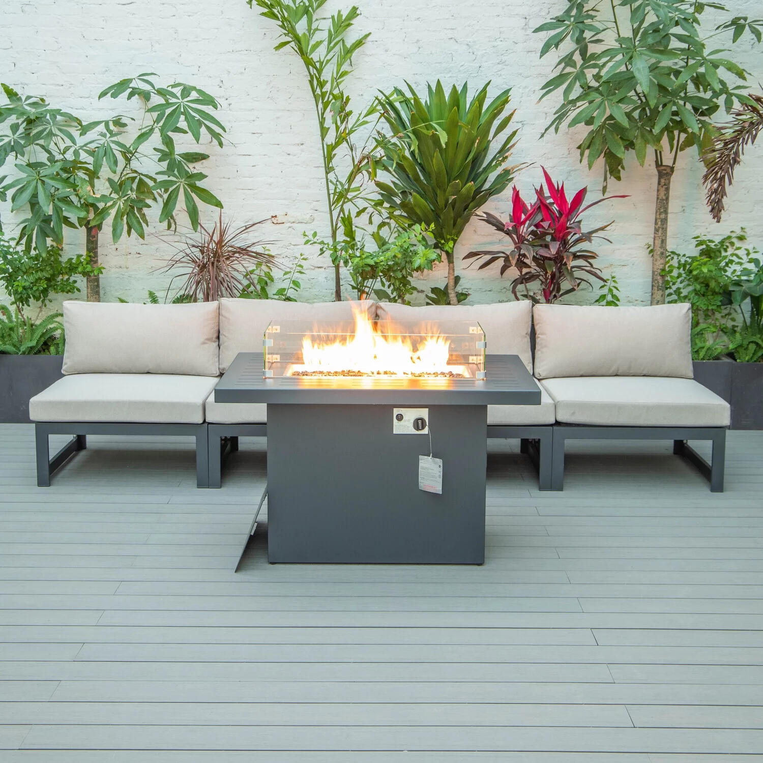 HomeStock Urban Oasis 5-Piece Middle Patio Chairs and Fire Pit Table Set Black Aluminum With Cushions