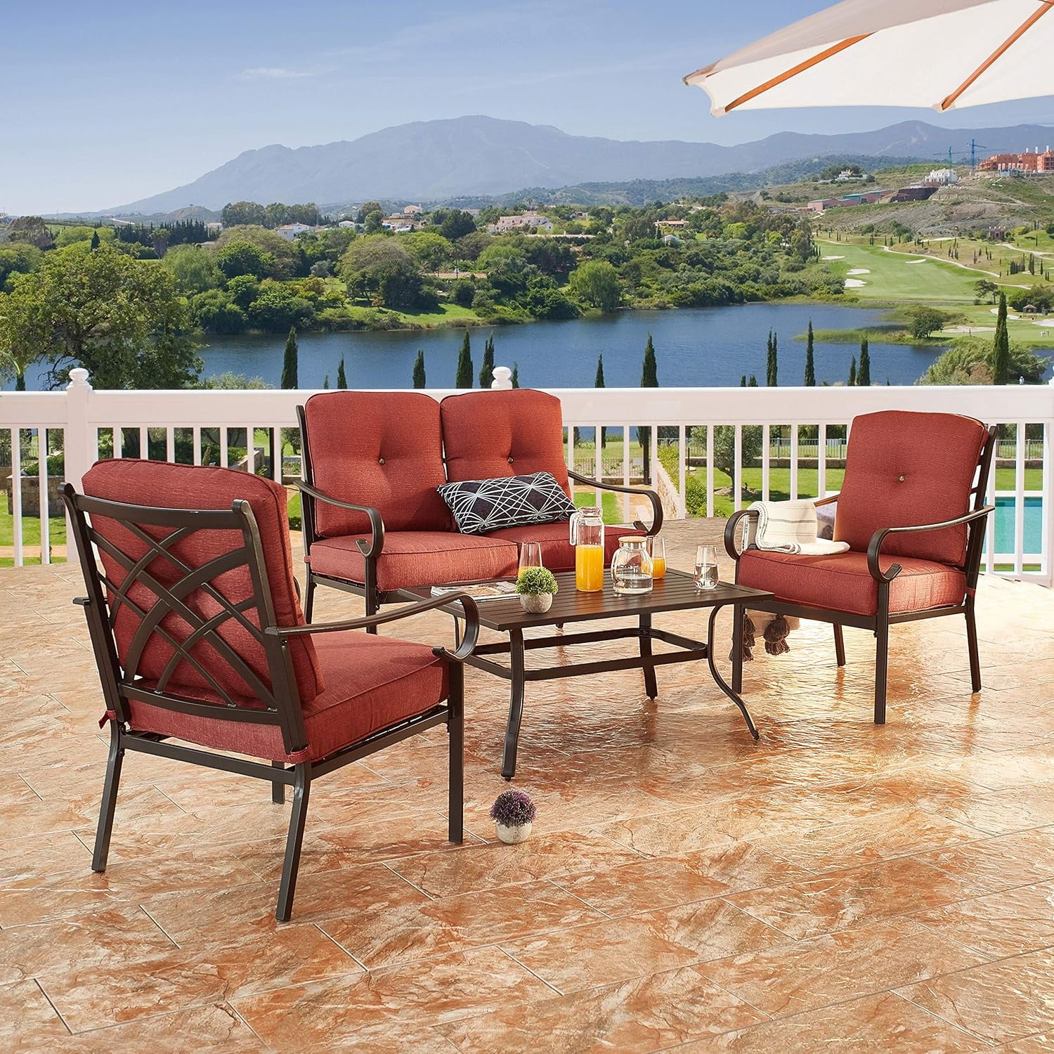 Patio Cushioned Furniture Outdoor Bistro Loveseat, 2 Single Sofa Chairs, 1 Coffee Table, 4 Piece Conversation Set, Red