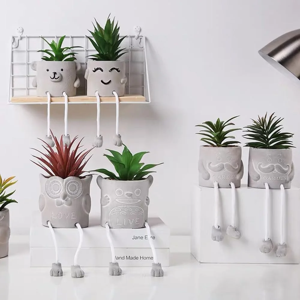 Nvzi-a Artificial Succulents in Cement Pots w/Hanging Leg, Fake Succulents Plants, Realistic Faux Succulents Plants, Cute Human Shaped Mini Potted Fake Plants for Desk,Bathroom,Home Decor (E)