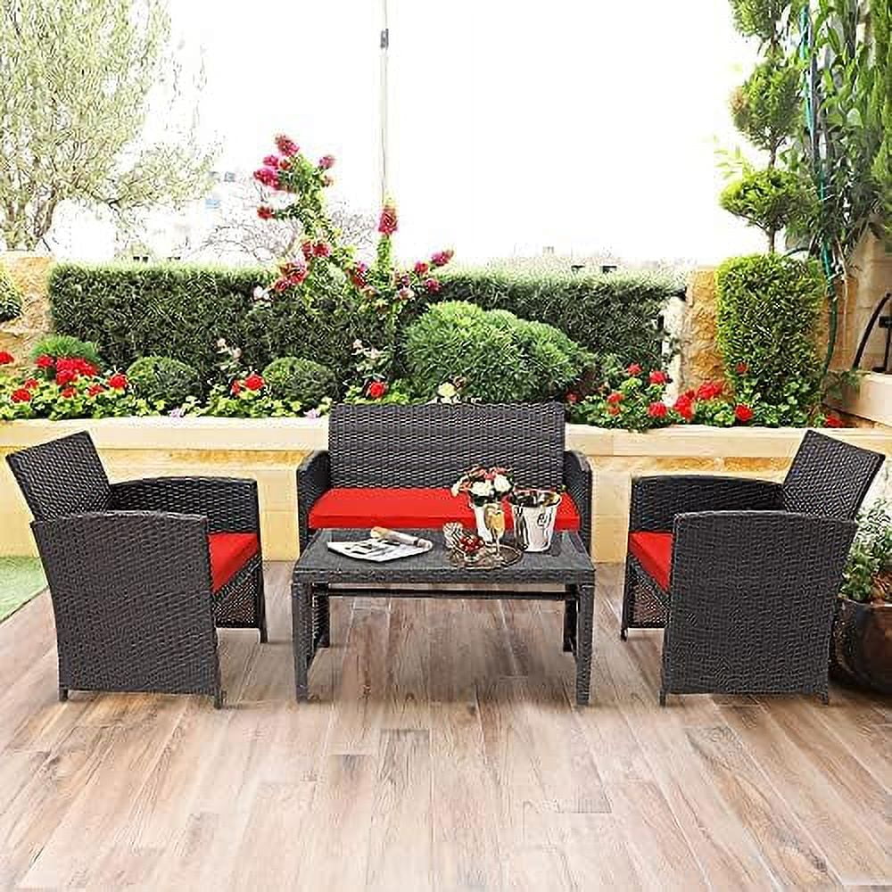 SJOPLMN 4 Pieces Rattan  Set  Outdoor Wicker Set w/Chairs  Loveseat  Conversation Rattan Upholstered Armchairs w/High Resilience Sponge  Perfect forPoolside  Turquoise